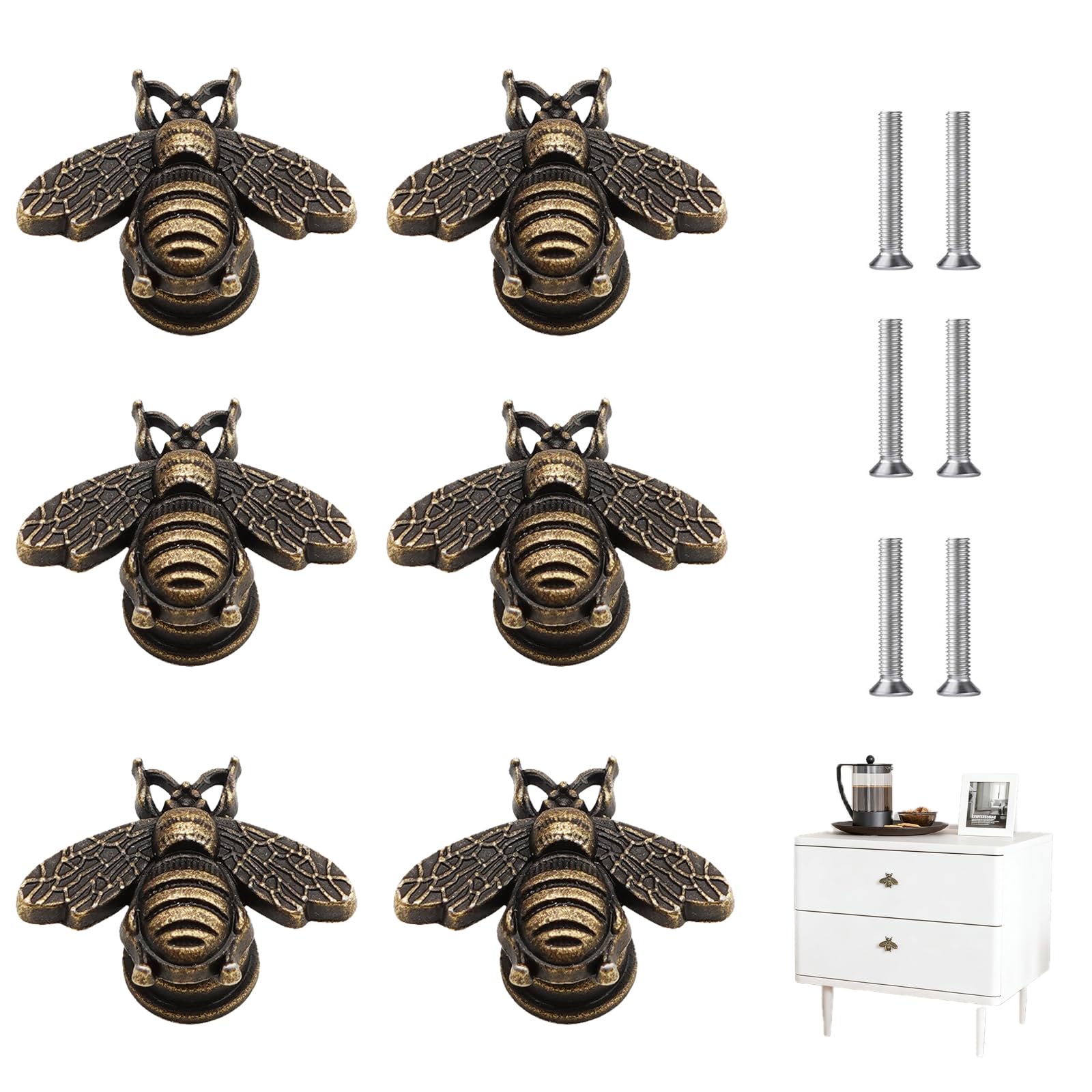 KRENIE Vintage Bee Cabinet Handles – 6 Pcs Metal Zinc Alloy Single Hole Knobs, Animal Shaped Kitchen Cupboard Handles with Screws – Honeybee Motif for Wardrobes, Cabinets, Dresser, and Drawers