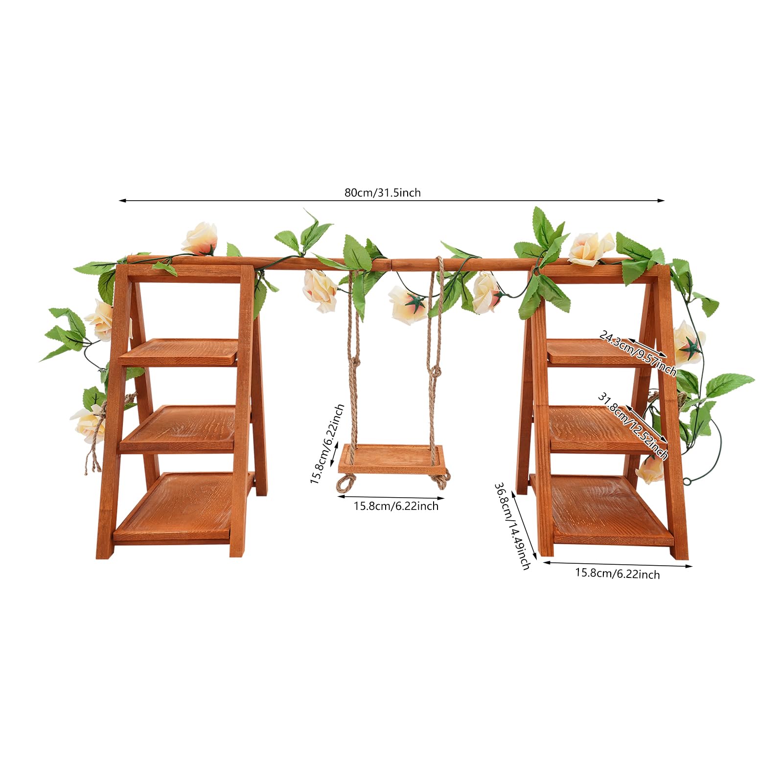 Soporte de madera para cupcakes de 3 niveles, para postres, tartas, aperitivos, con columpio y decoración de flores, escalera plegable para servir cumpleaños, fiestas de té, bodas y decoración