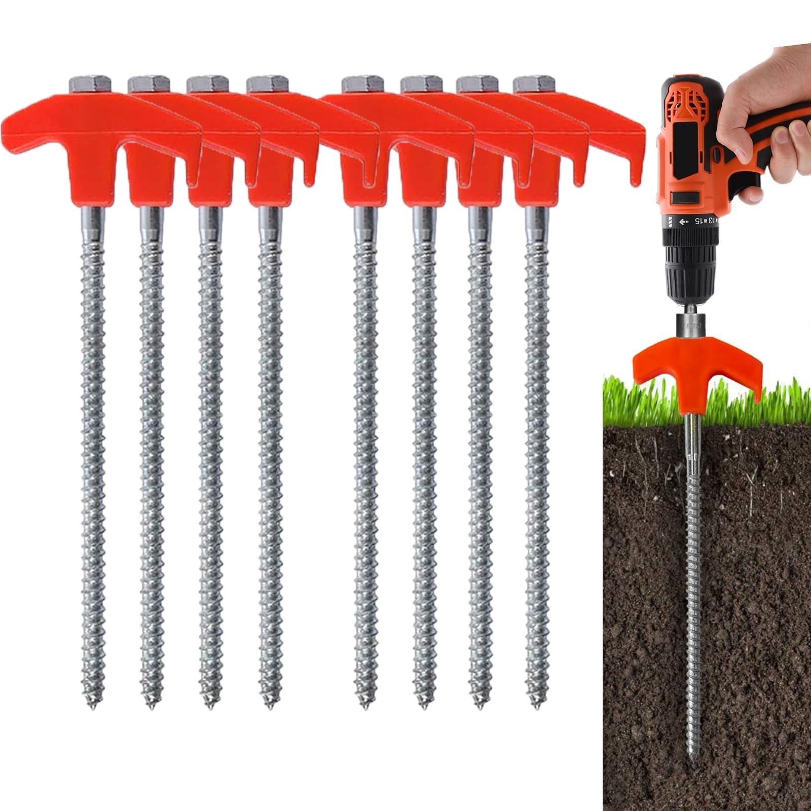 8" Screw in Tent Stakes - Ground Anchors Screw in, Rotating Tent Pegs with Thread, Metal Threaded Tent Spikes, Heavy Duty Tent Stakes Tent Pegs for Camping and Outdoor Use (8PCS)