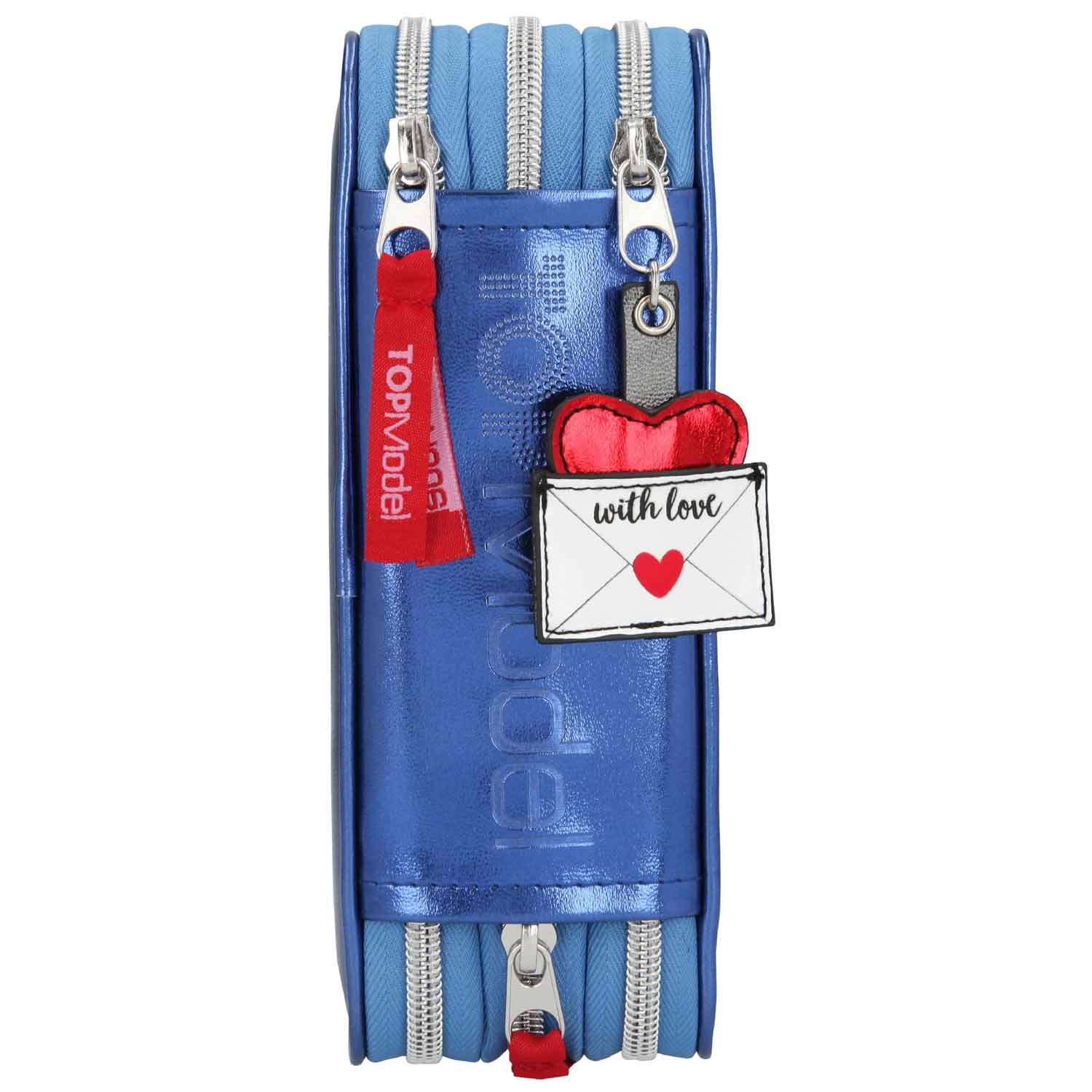Depesche 10932 TOPModel - Gefüllte 3-fach Federtasche im Love Letters Design, blaue Federmappe ca. 7,5 x 13 x 20 cm groß, mit Filz- und Buntstiften, Lineal, Schere, Kleber, uvm.