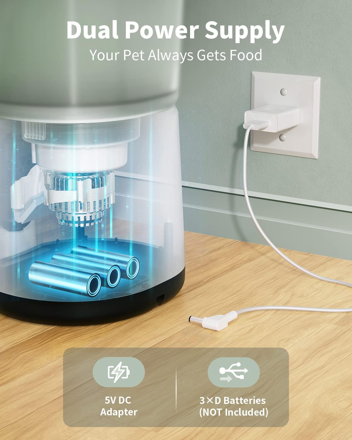Diagram showing the dual power supply options for the Arspic pet feeder, including a 5V DC adapter and 3 D-size batteries.