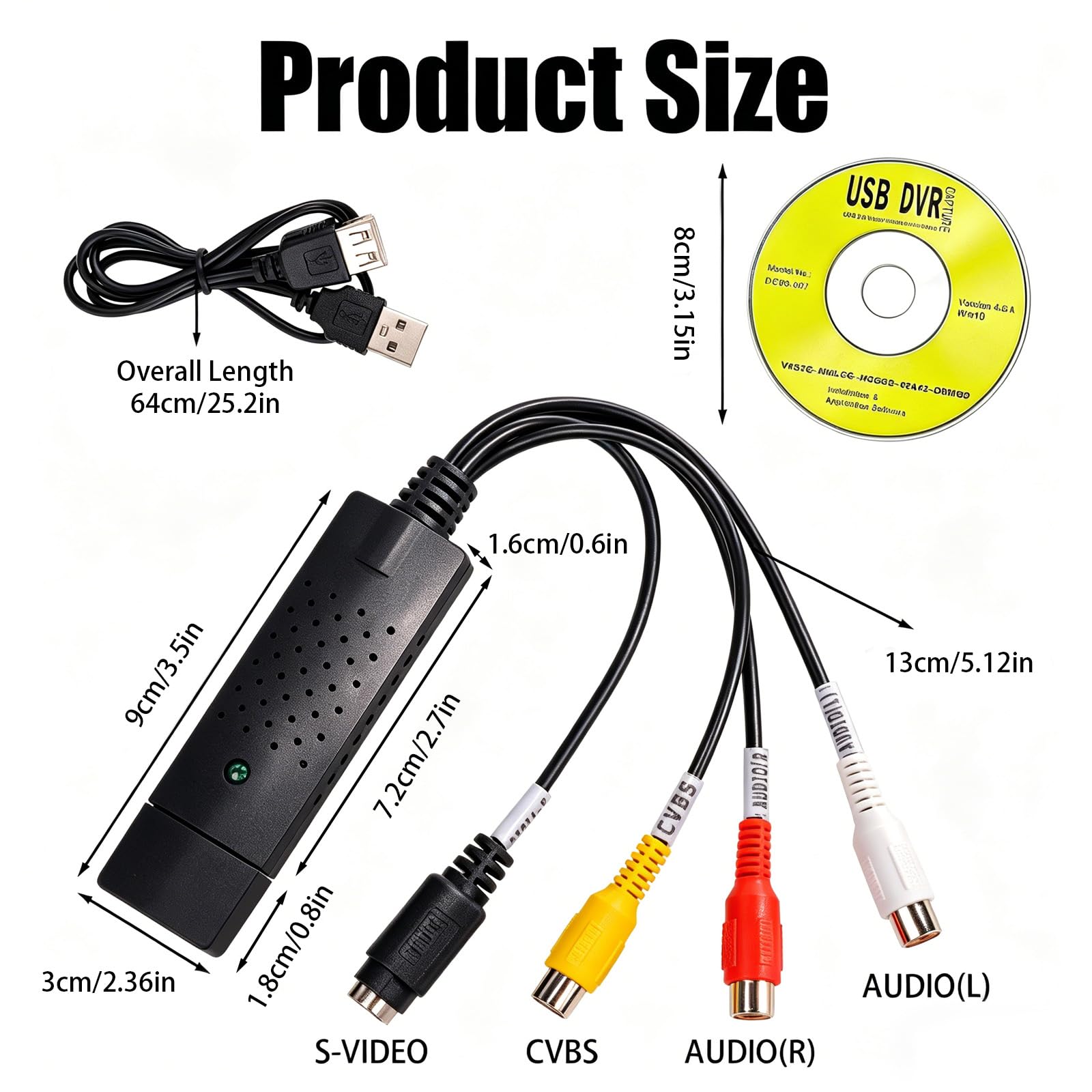 Convertitore VHS in Digitale, VHS to Digital Converter, USB 2.0 Video Grabber, Convertitore Analogico Digitale Acquisizione, per PC, Video, DVD, Windows XP 10/8/7