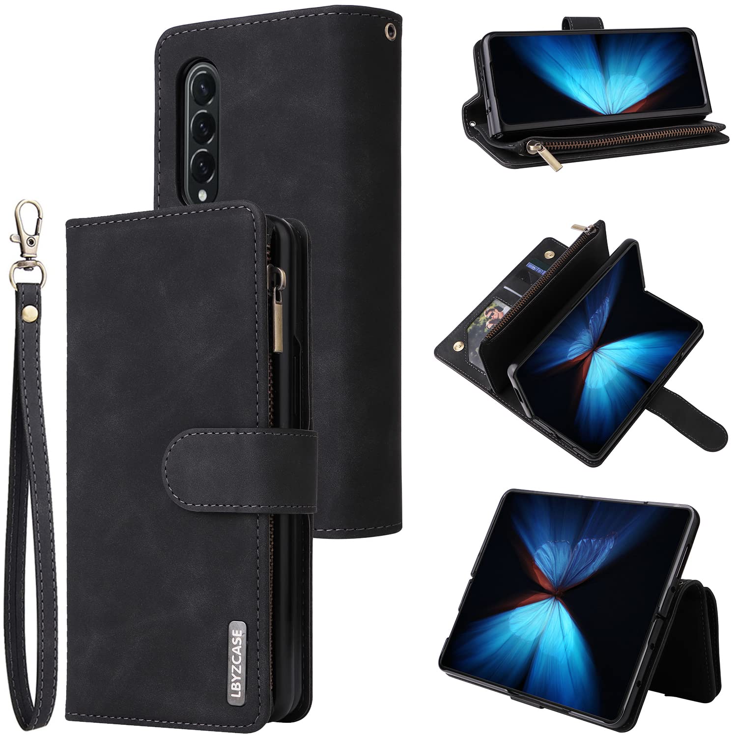 LBYZCASE Case for Galaxy Z Fold 4 5G(2022) with Card Slots,Durable Flip Folio Kickstand Magnetic Closure Leather Zipper Wallet Wrist Strap Women Men Case Cover for Samsung Galaxy Z Fold 4 5G (Black)