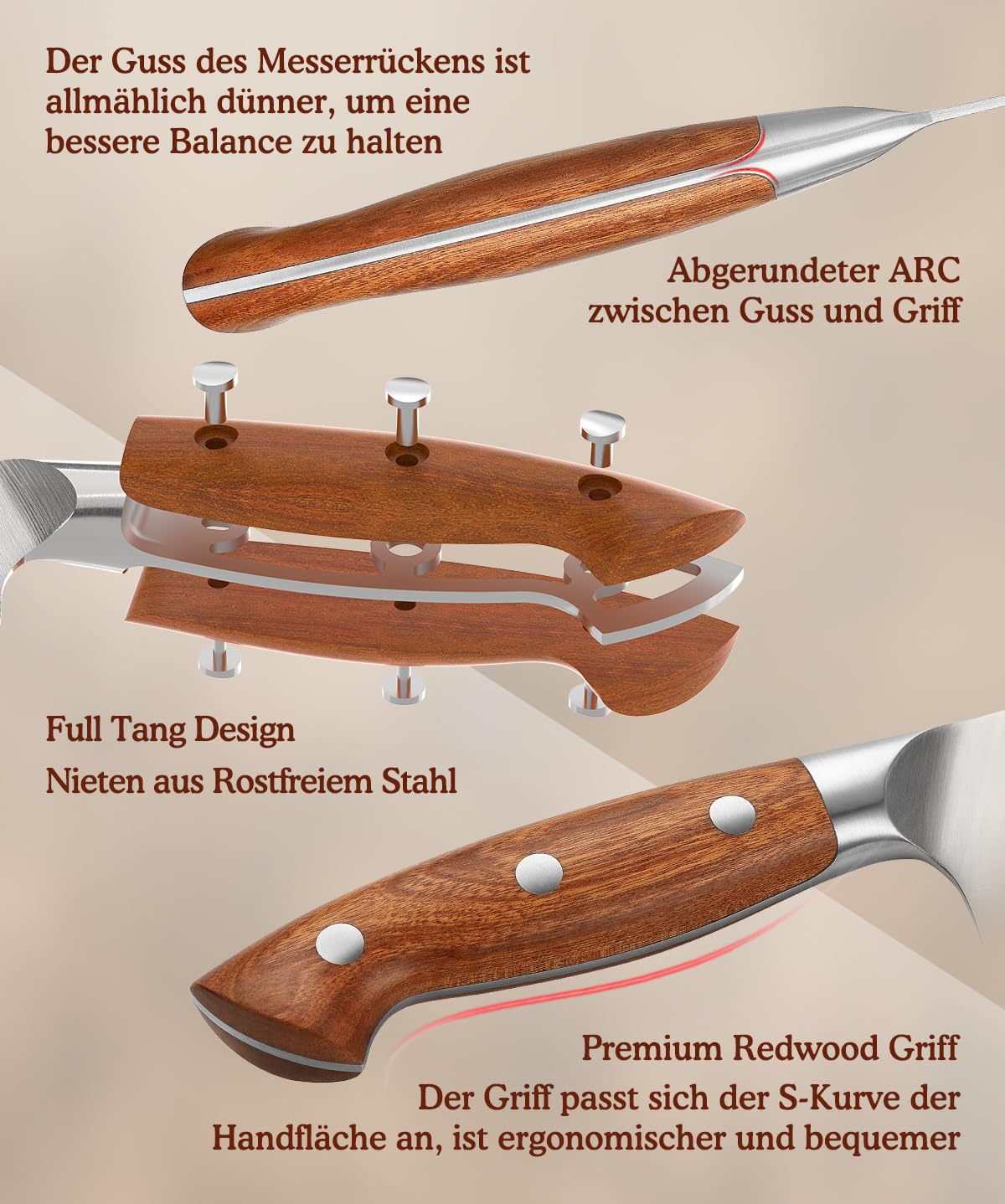 HEZHEN 18cm Hackmesser, Profi Chinesisches Kochmesser, German Stahl Scharf Küchenmesser, Gemüse Fleischbeil Schneidemesser, Ergonomischer Griff aus Redwood