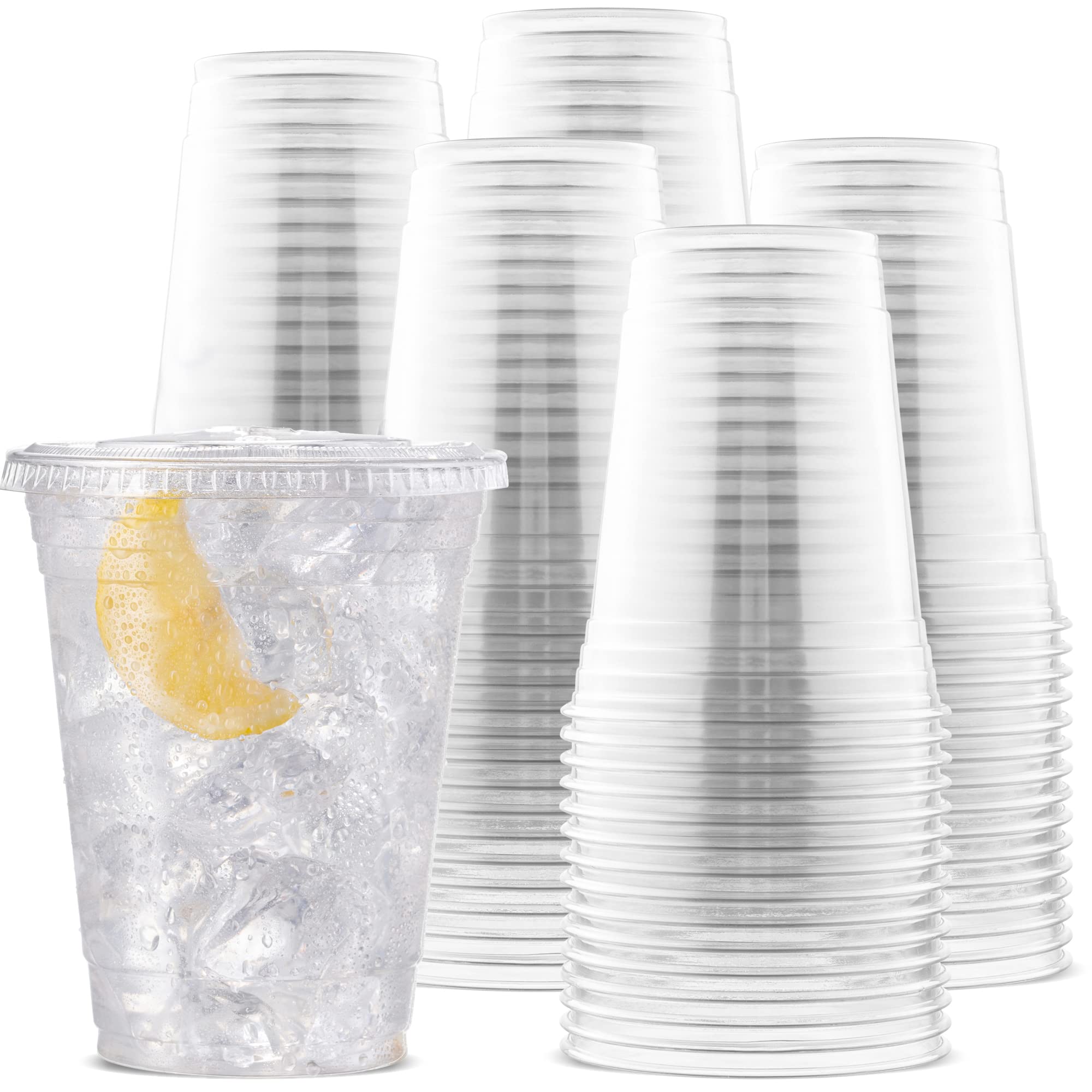 Durameg [100 Count - 16 oz. Crystal Clear PET Plastic Disposable Cups with [Straw-Slot Flat Lids]