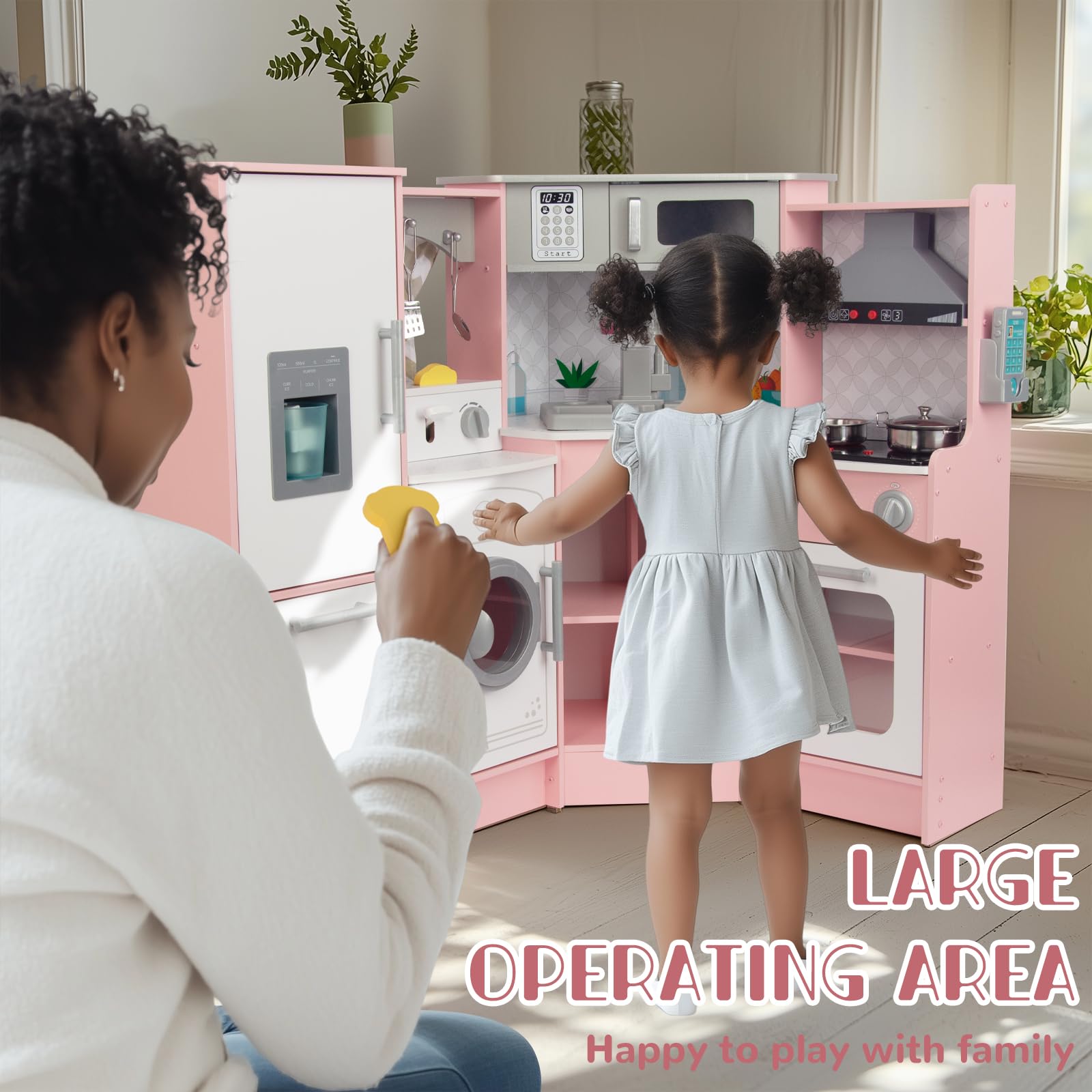 Rosa Hölzerne Kinderküche, Kinderspielküche mit Spüle Herd Backofen, Holzküche Spielzeugküche, Spielküche aus Holz mit Zubehör für Kinder ab 3 Jahren (Rosa 2)