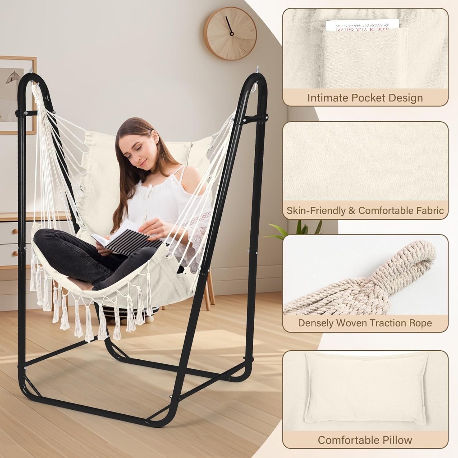 U-Shaped Hammock Chair with Stand, Heavy-Duty and Rustproof Hanging Chair with Stand, Bohemian Style Tassel Hammock Swing Chair Stand with Headrest and Side Pockets for Yard Garden (White) - Image 6