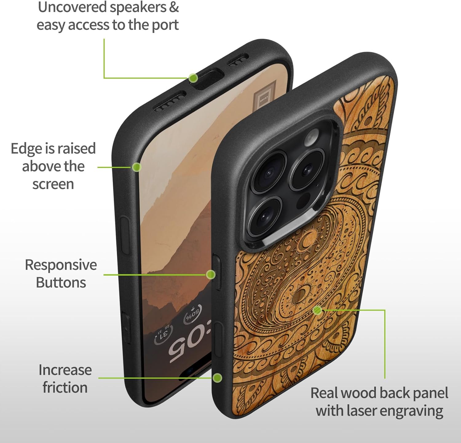 Carveit Magnetic Wooden Case for iPhone 16 Pro Case, Wood Artisan Engraved & Black Soft TPU Shockproof Cover, Compatible with MagSafe Wireless Chargers (Yin Yang Paisley) Cherry