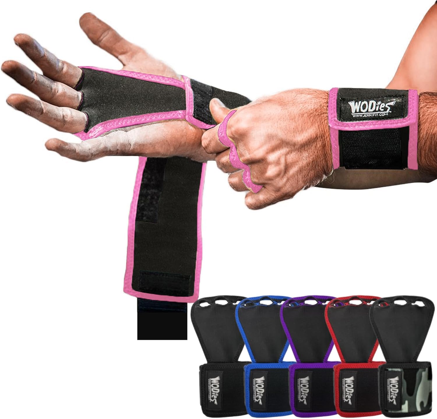 JerkFit WODies Gymnastics & Weightlifting Grips with Wrist Wraps – 3 Hole Versatile Gym Gloves for Pull Ups, Gym Training & Cross Training – Hand Grips Palm Protector for Men & Women