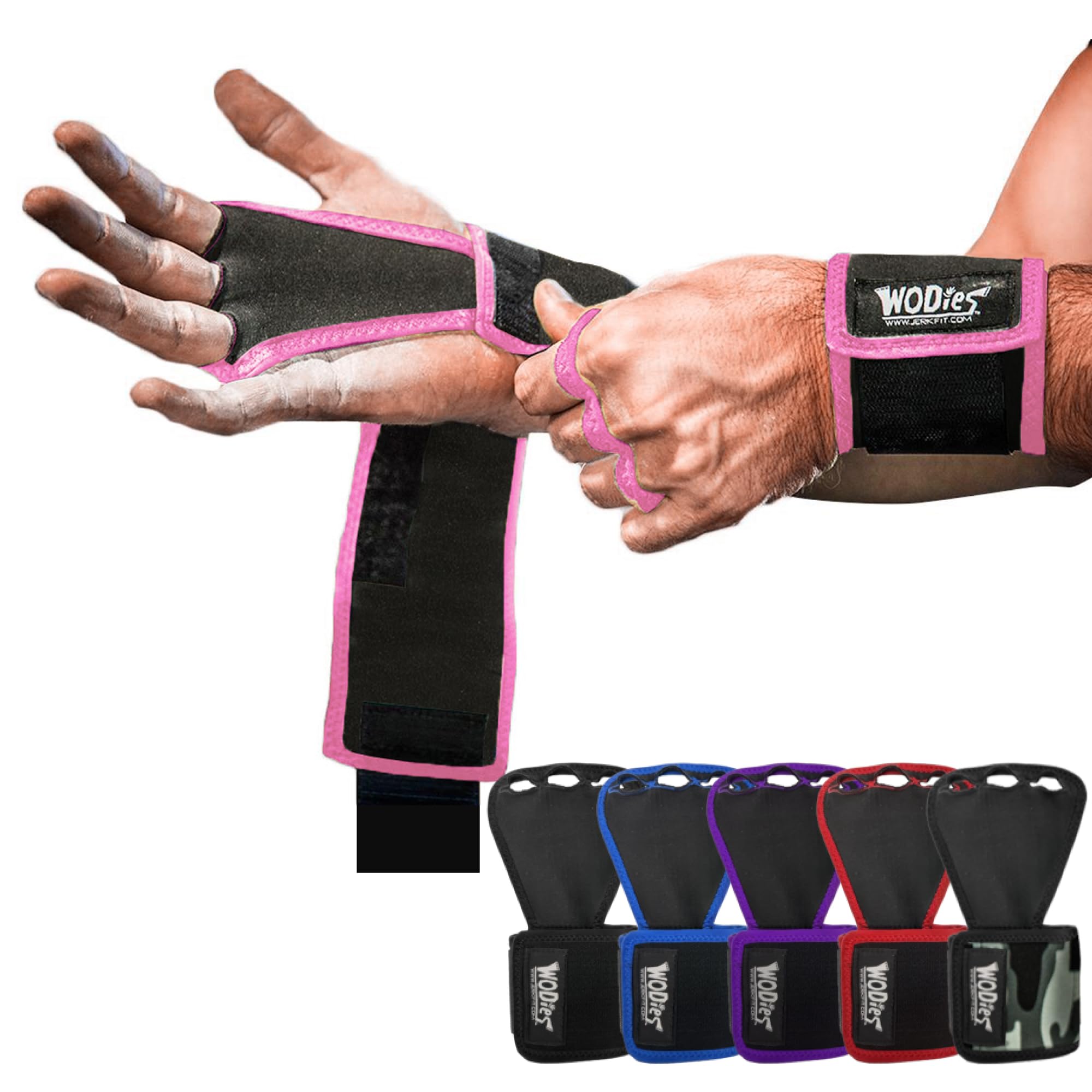 JerkFit WODies 3 Hole Gymnastics Grips with Wrist Support - Latex Free, Elastic Pull Up Grip for Cross Training, WODs, Weightlifting-Premium Lifting Grips for Men Women for Palm Protection