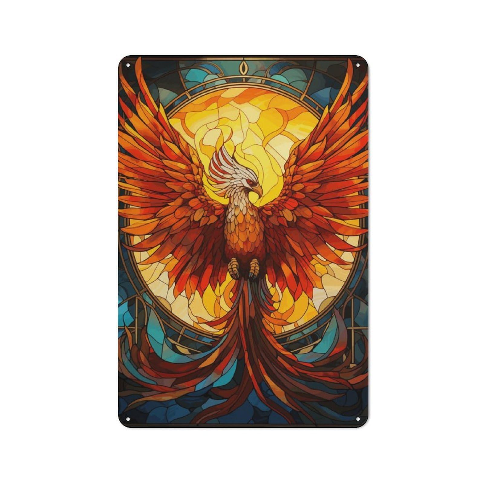 Junmoney Phoenix Stained Glass Metal Plaque 30X20cm With For Home Bar Wall, Retro Decor, For Garage, Workshop And Man Cave Decoration
