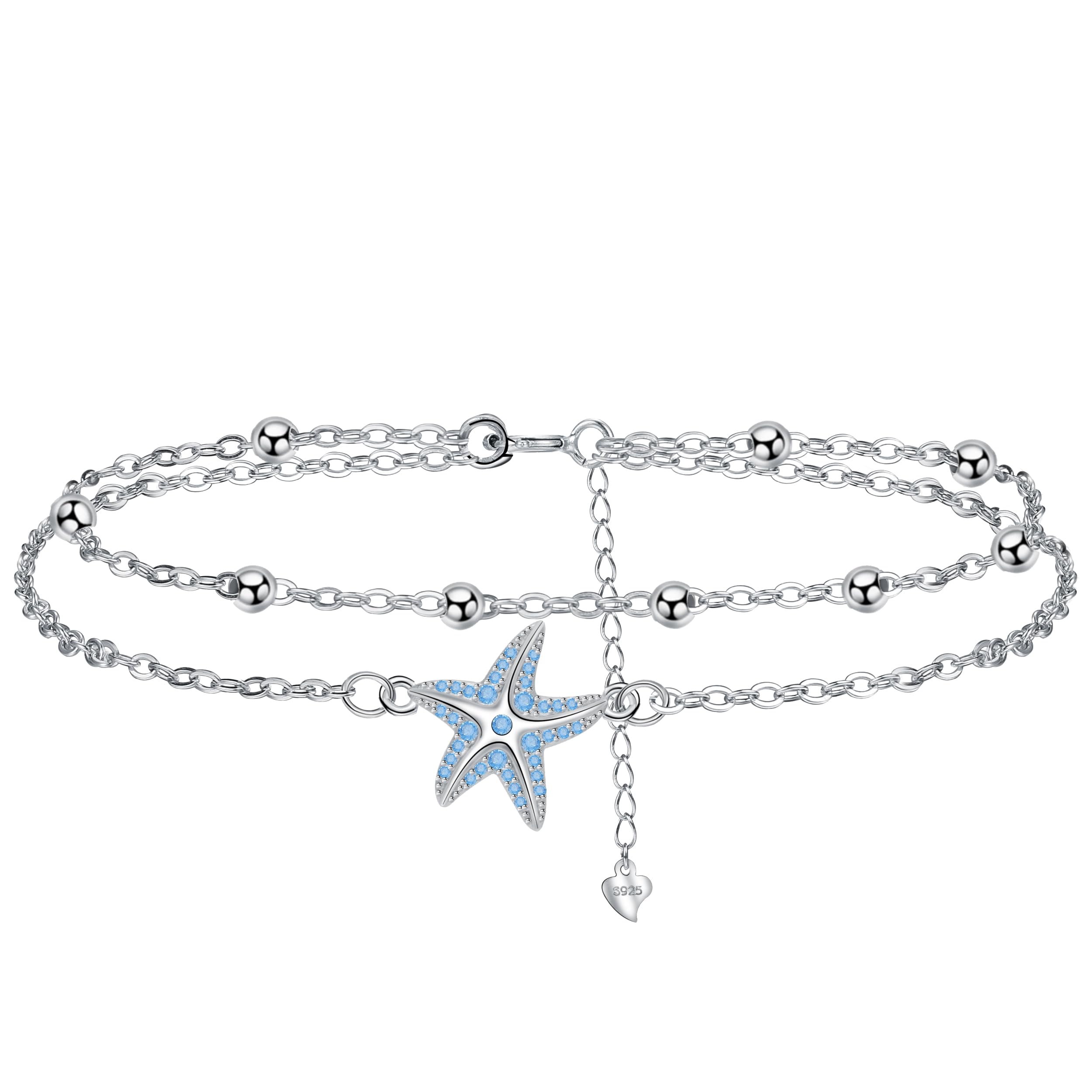 Tobillera Plata de Ley 925 para Mujer Tobillera Doble Cadena con Cuentas y Blanco/Rojo/Púrpura/Azul Circonita Verano Descalzo Playa Cadena de Pie