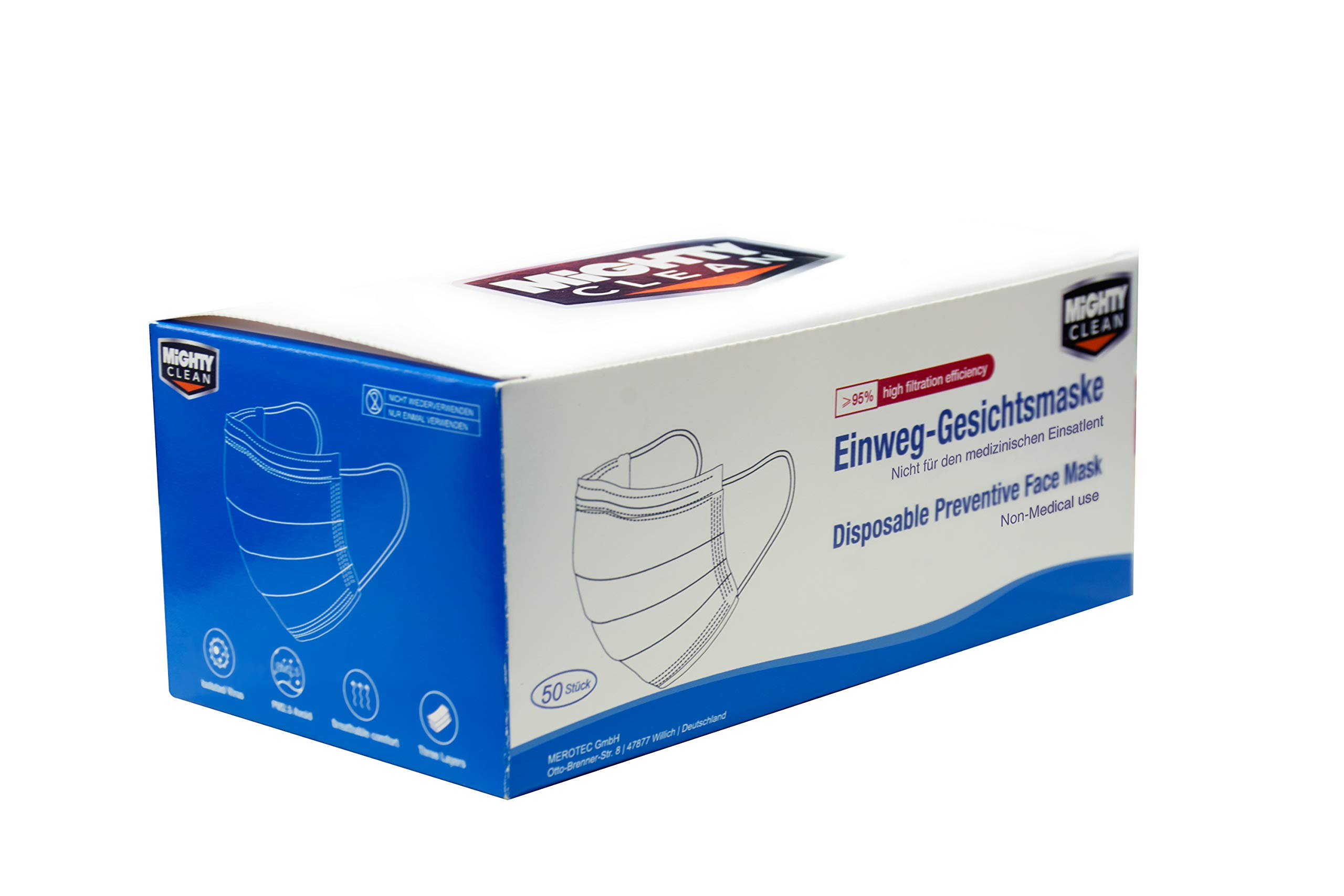MightyClean CR17595 Lot de 50 masques jetables triple couche pour le visage Haute efficacité de filtration ≥ 95 % Anti-PM2.5 Respirant et confortable