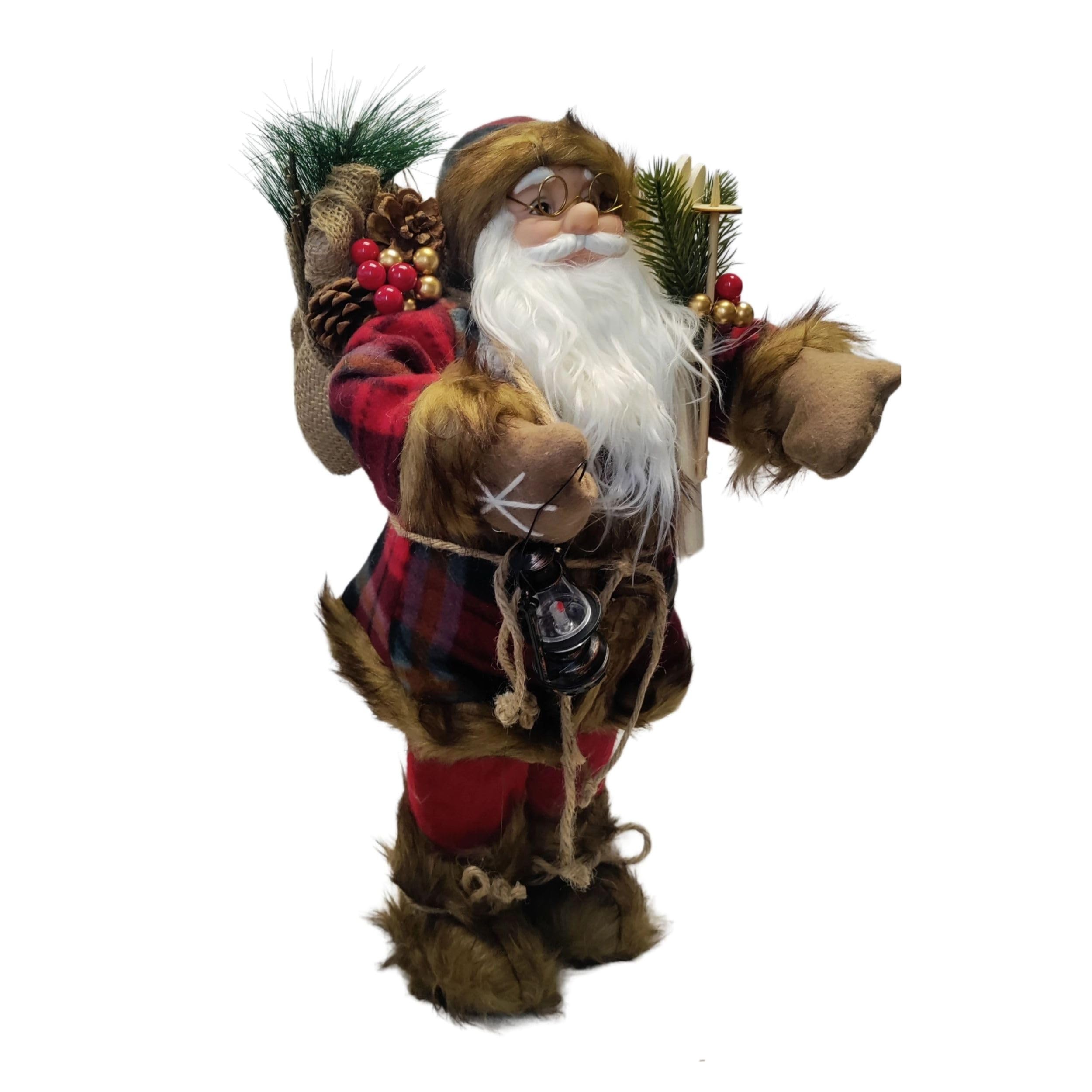 Kaemingk Père Noël debout traditionnel Figurine Père Noël 45 cm Figurine de Noël Rouge Tartan Fourrure Manteau tenant lanterne et skis Décoration intérieure Père Noël debout