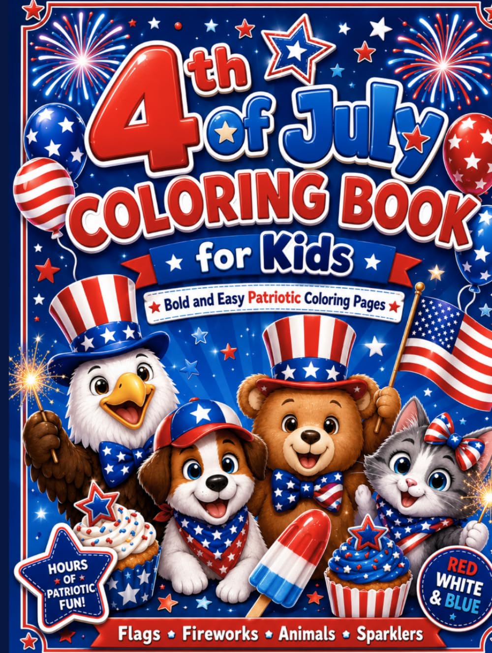 4th of July Coloring Book for Kids: Bold and Easy Fourth of July Coloring Pages with Patriotic Animals, Flags, Fireworks, Sparklers, Stars and Independence Day Fun