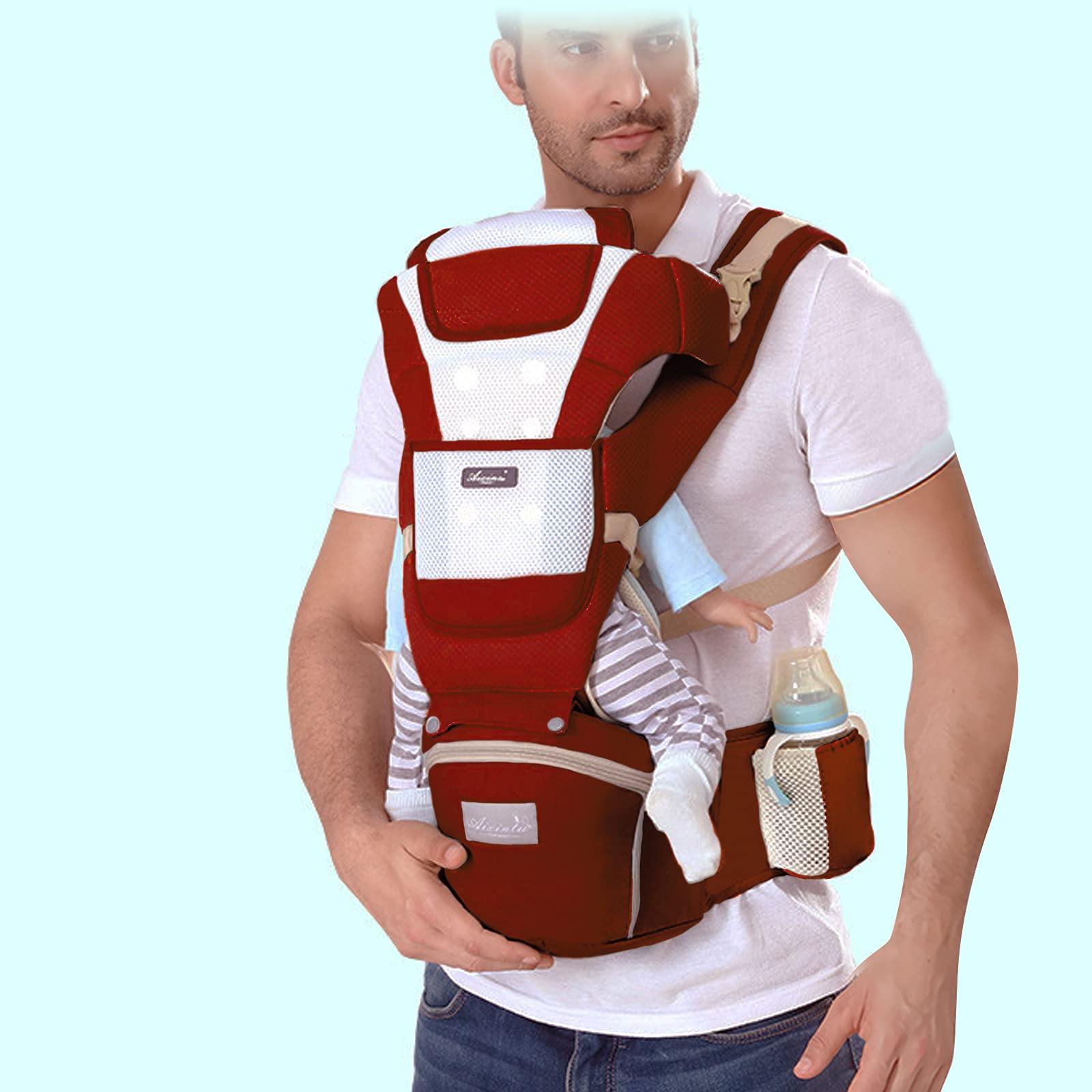 SONARIN Oddychający nosidełko dla niemowląt z siedziskiem biodrowym na 0-36 miesięcy, z czystej bawełny 3D Air Mesh ergonomiczne nosidełko dla noworodka do malucha, regulowany uchwyt dla niemowląt na wszystkie pozycje, do 30 kg (czerwony)