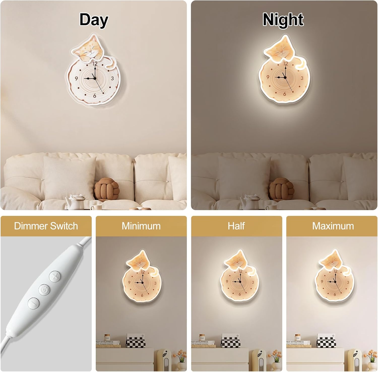 Silent Sleepy Cat Shaped Lighted Clock, LED Night Light Wood Slice Decor Clock For Bedroom, Nursery, Living Room, Kids Room, Cat Lovers Gift