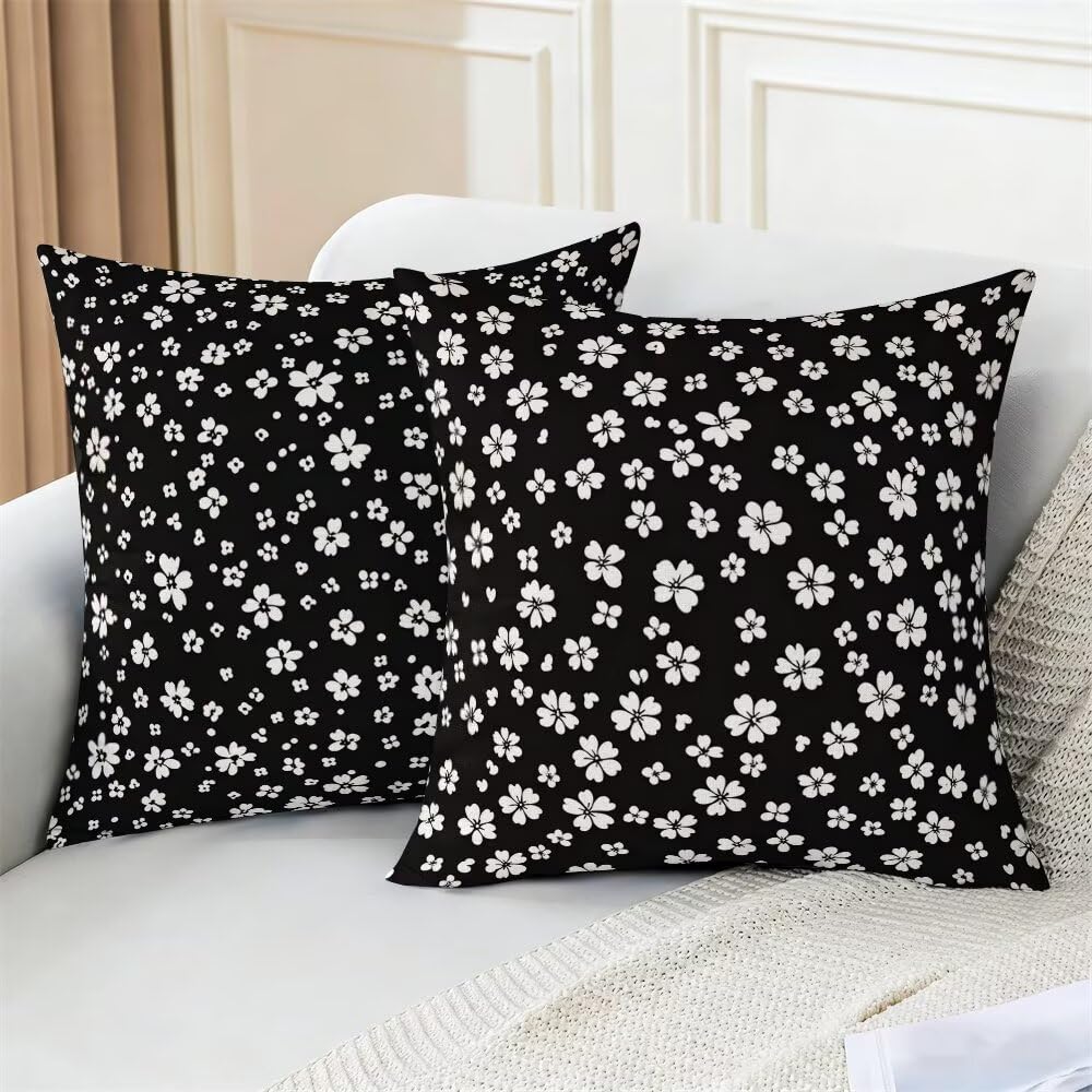 Federe Cuscini da Esterno Impermeabili 65x65 Bianco e Nero Copri Cuscini per Divano Floreale Federa Cuscino Primavera Decorativi Copricuscini per Divano Giardino Patio Soggiorno Set di 2 (IU143)