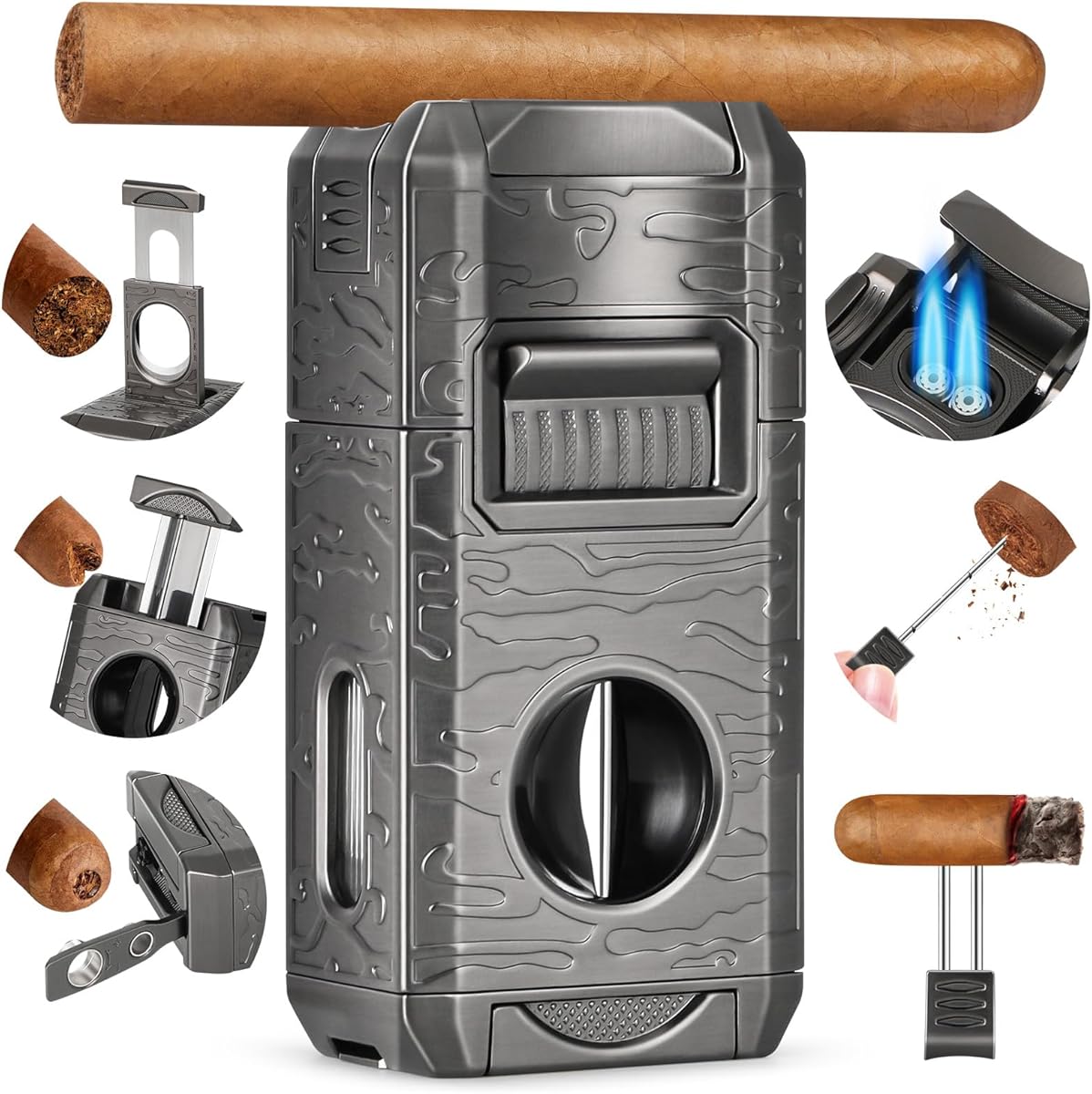 DXXULL Cigar Lighter, 7-in-1 Cigar Lighter Set: Dual-Flame Windproof, Visual Gas Window Adjustment, Built-in Dual Punch, V-Cut, Flat Cut, Cigar Holder and Smoking Set, Gift for Men (No Butane)