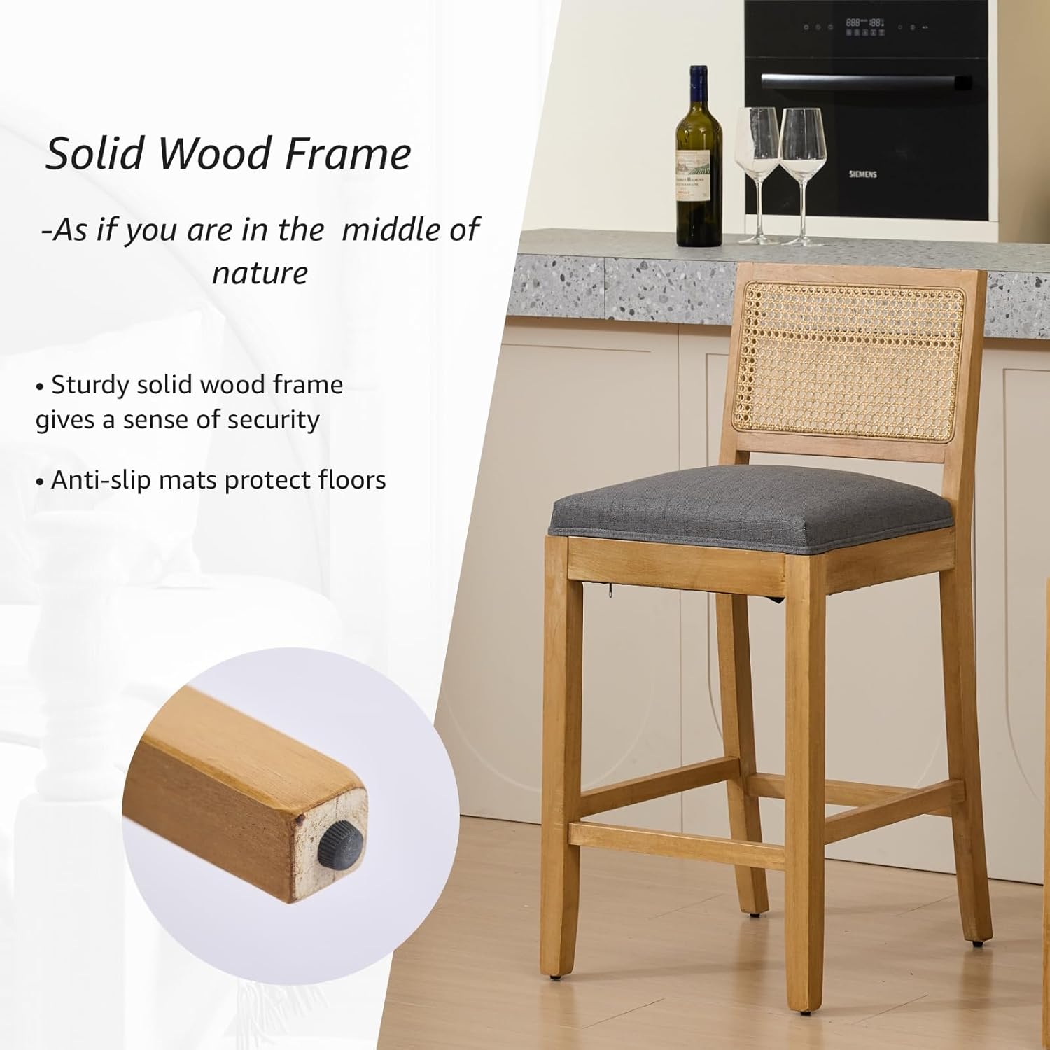 French Country Bar Stools Set of 4, Grey Rattan Counter Height Stools, Linen Upholstered, Farmhouse Wooden Barstools with Cane Back, Kitchen Island Chairs, Sillas para Barra de Cocina (Gray, 4 Pcs)