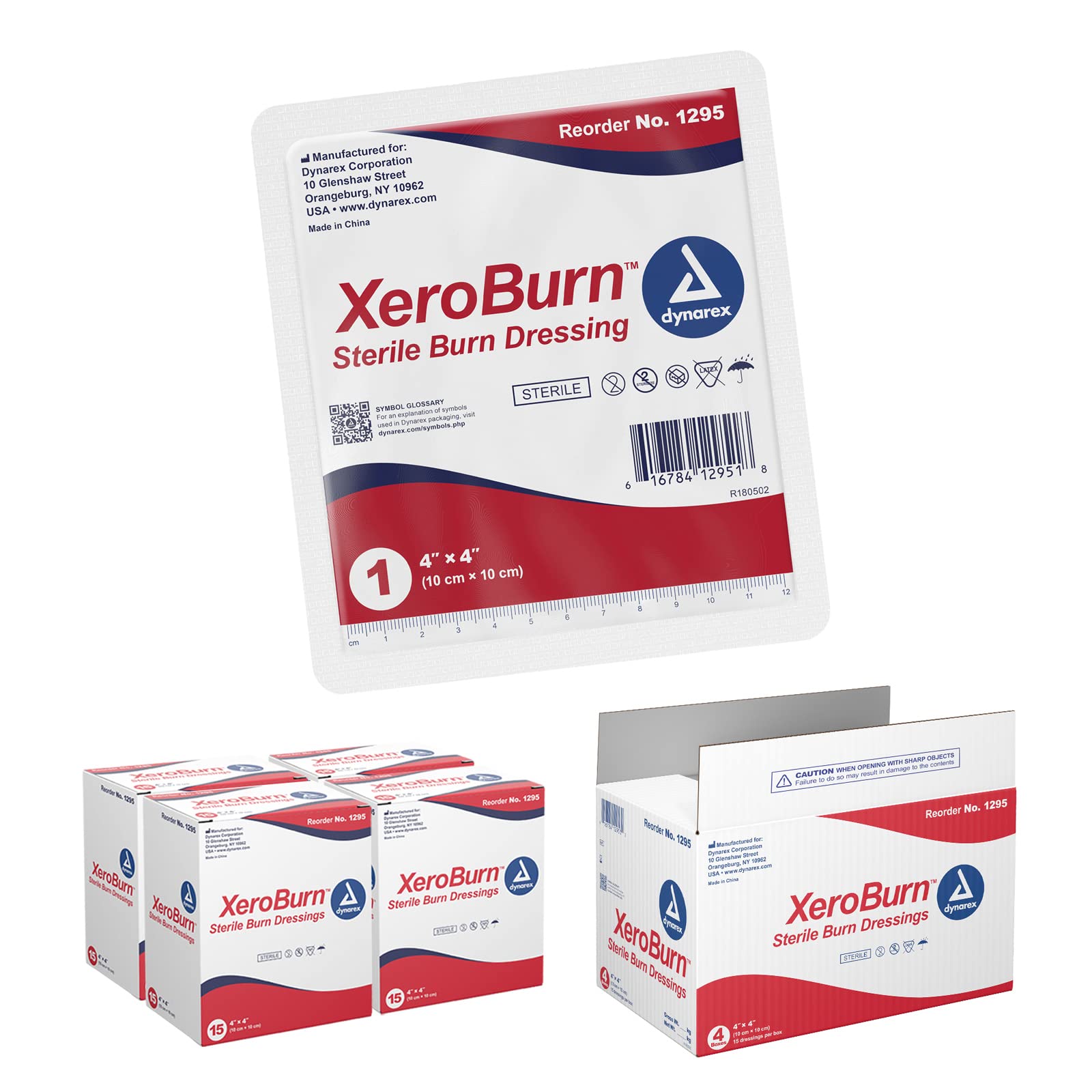 Dynarex XeroBurn Sterile Burn Dressing - Moist Burn Bandages with Cooling Gel for Temporary Relief - Infused with Soothing Tea Tree Oil, Glycerin - 60 Individually Wrapped Travel Patches, 4 Boxes