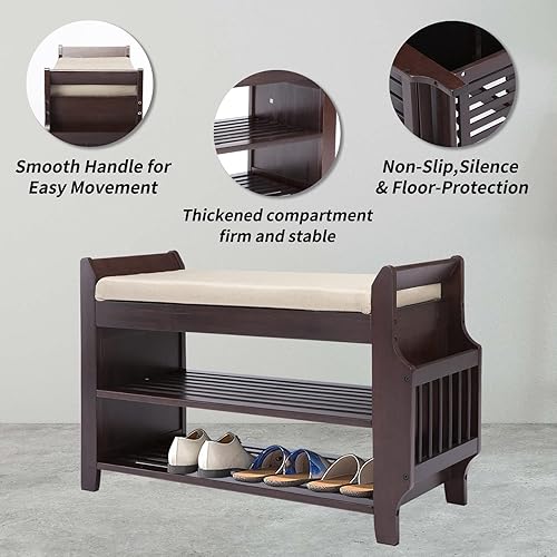 Miniatura 34 de Banco de zapatos de bambú con 3 ganchos laterales, cojín gris extraíble, almacenamiento de zapatos de entrada de 2 niveles, 37.4 x 11.4 x 19.3