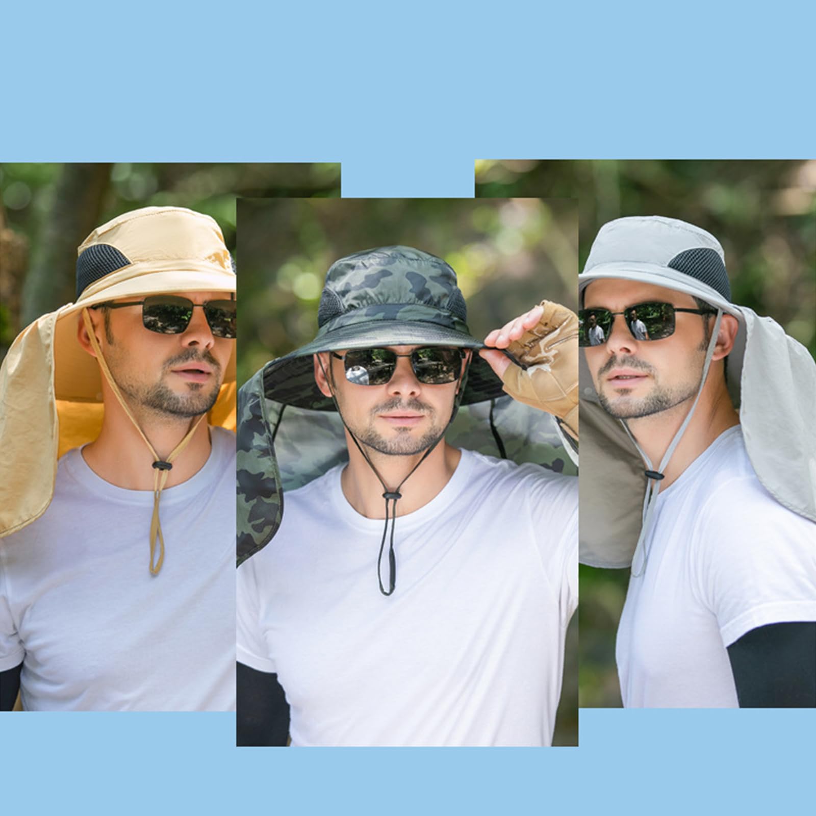 Chapeau de soleil à large bord pour homme, protection UV avec rabat de cou, chapeau réglable pour la pêche et la randonnée en plein air