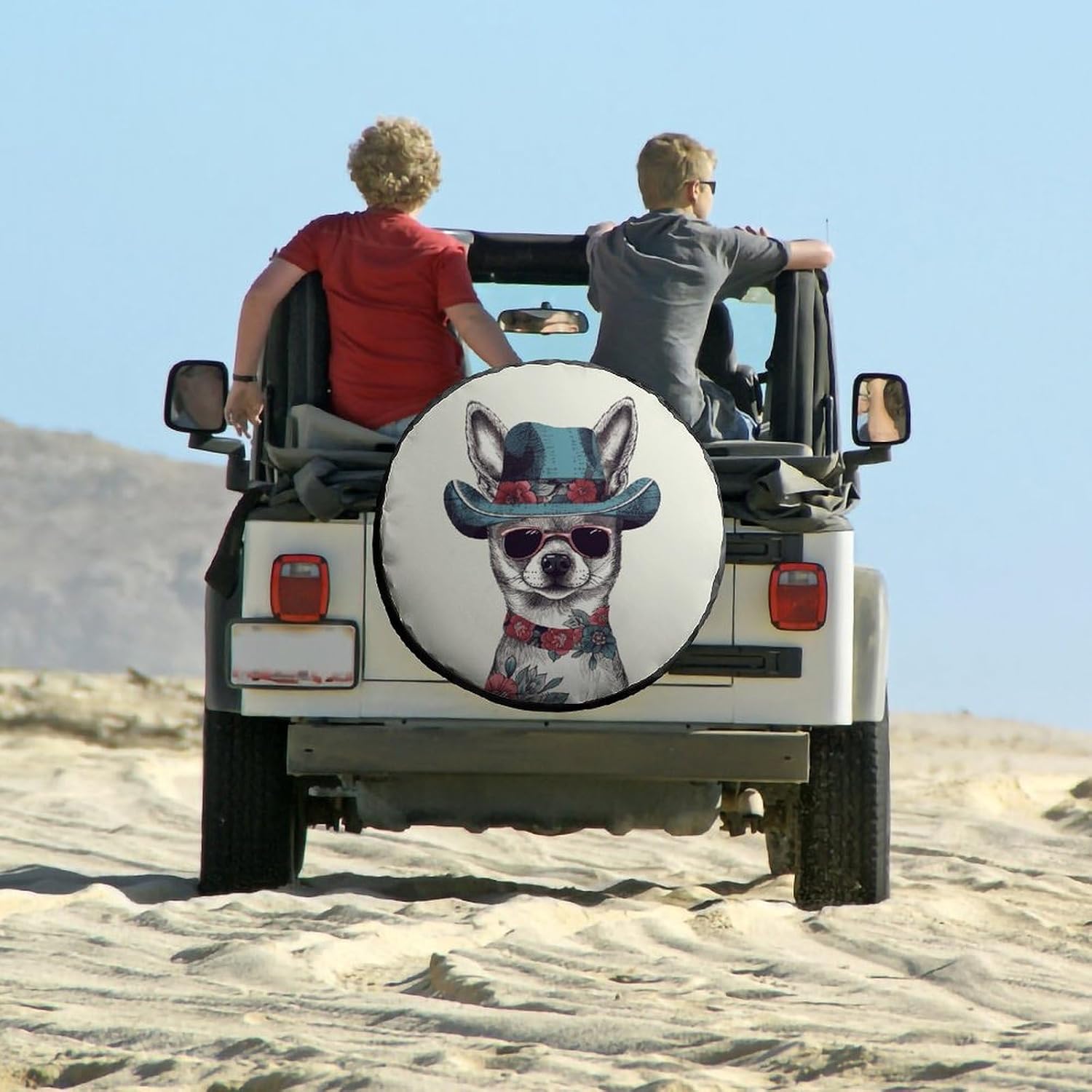 Universal Spare Tire Cover Waterproof Wheel Covers Car Tire Protector Chihuahua Dog Wearing Hat Wheel Protector Dustproof Wheels Tires Cover for RV SUV Truck Camper Trailer 34inch