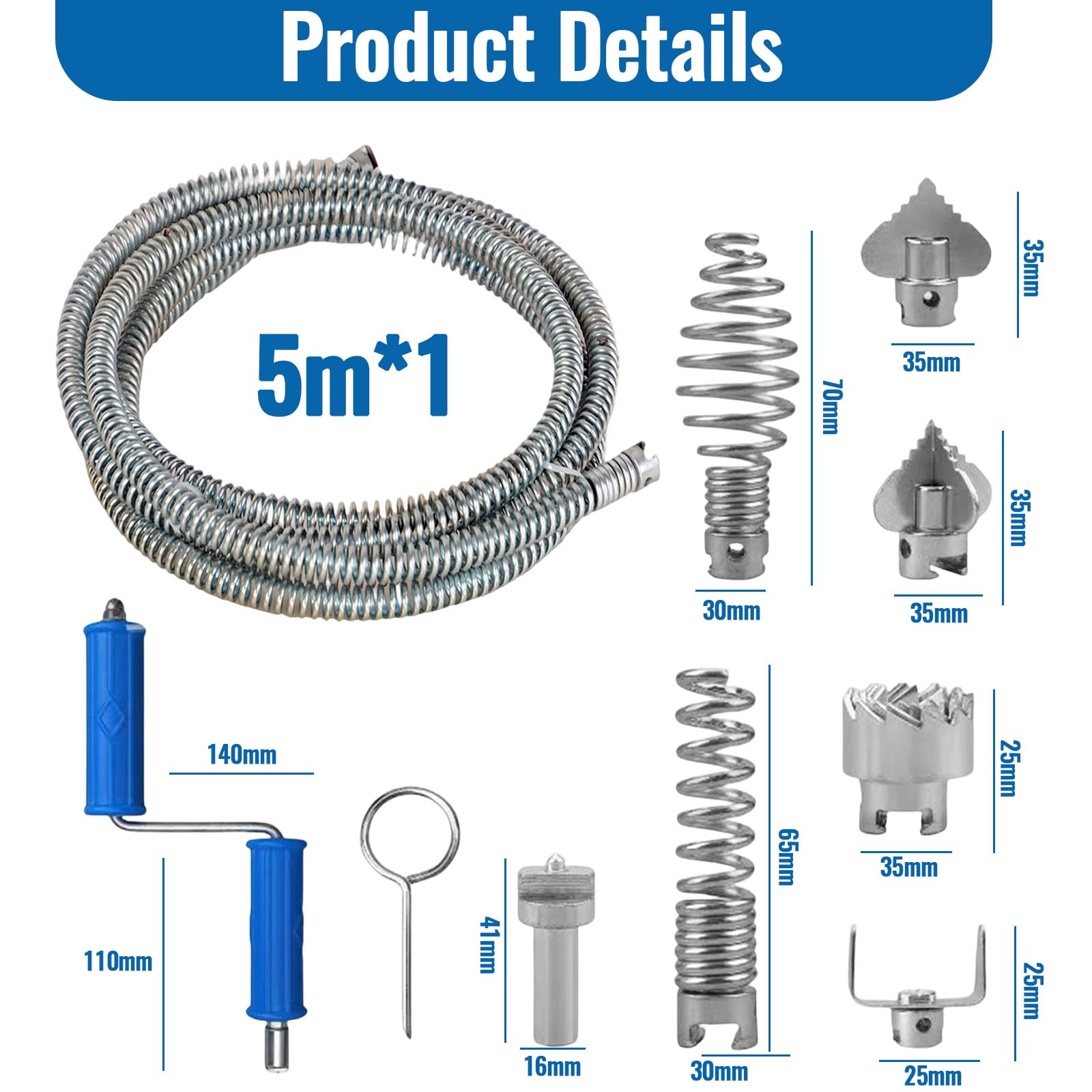 Stura Lavandini e Scarichi 5M, Sonda Sturatubi 12mm con 6 Testine, Spirale Flessibile per WC Tubi Scarico, Molla Sturatubi Acciaio con Adattatore Trapano Manuale/Elettrico