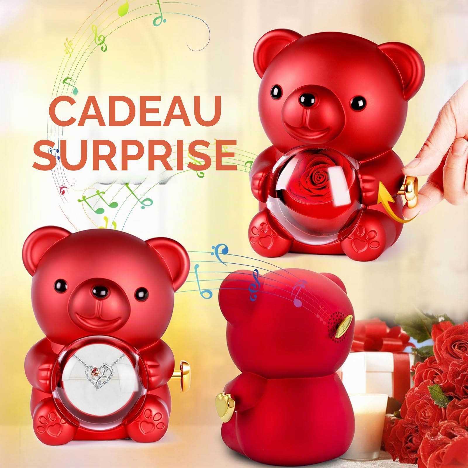 Ours Rose Eternelle Boîte à Bijoux Cachée - Ourson Rose Eternelle de Noël, Boite a Musique Cadeau pour Femme, Cadeau Noel Femme Original Utile, Saint-Valentin, Anniversaire
