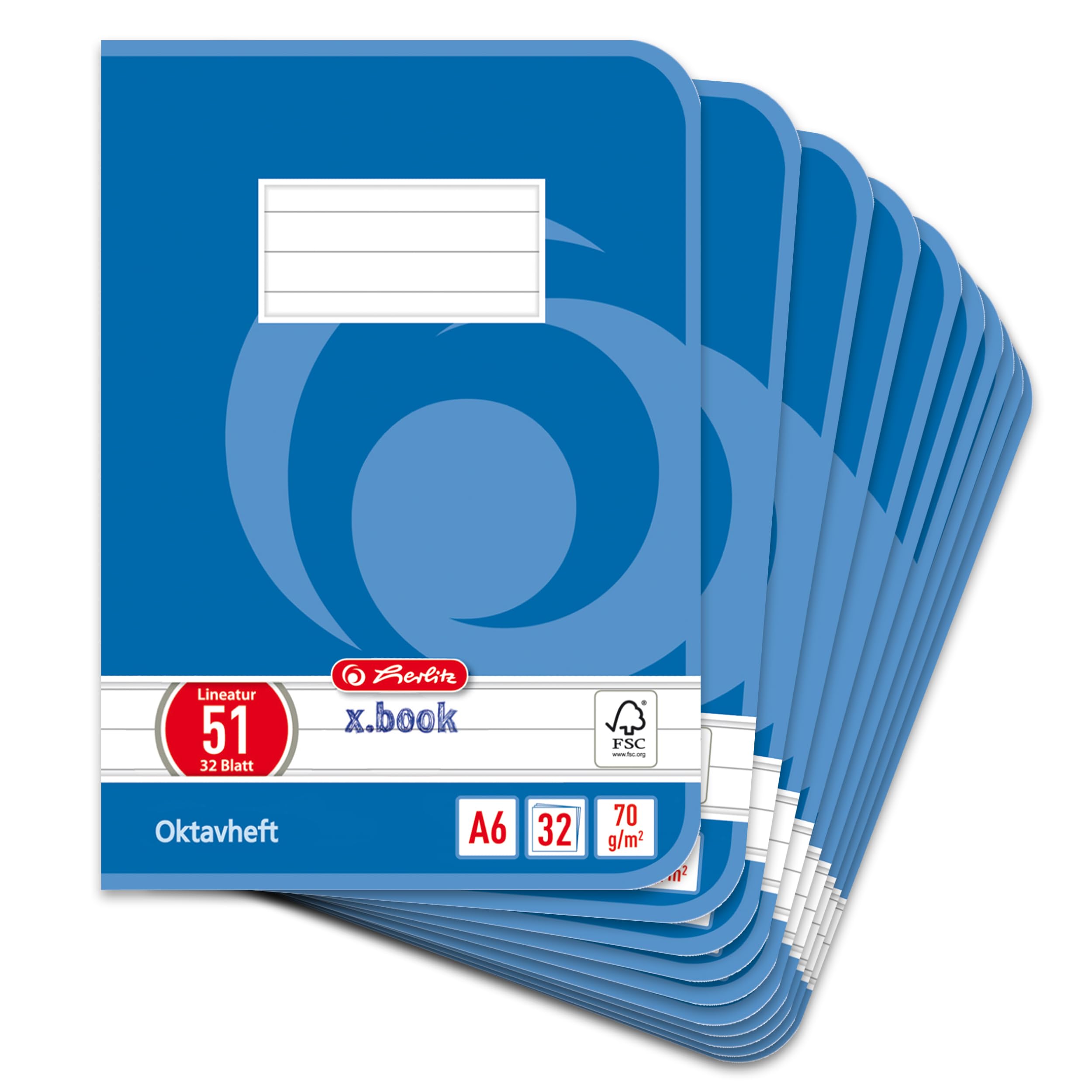 Herlitz Oktavheft x.book, A6, liniert, Lineatur 51, 32 Blatt, 10 Stück