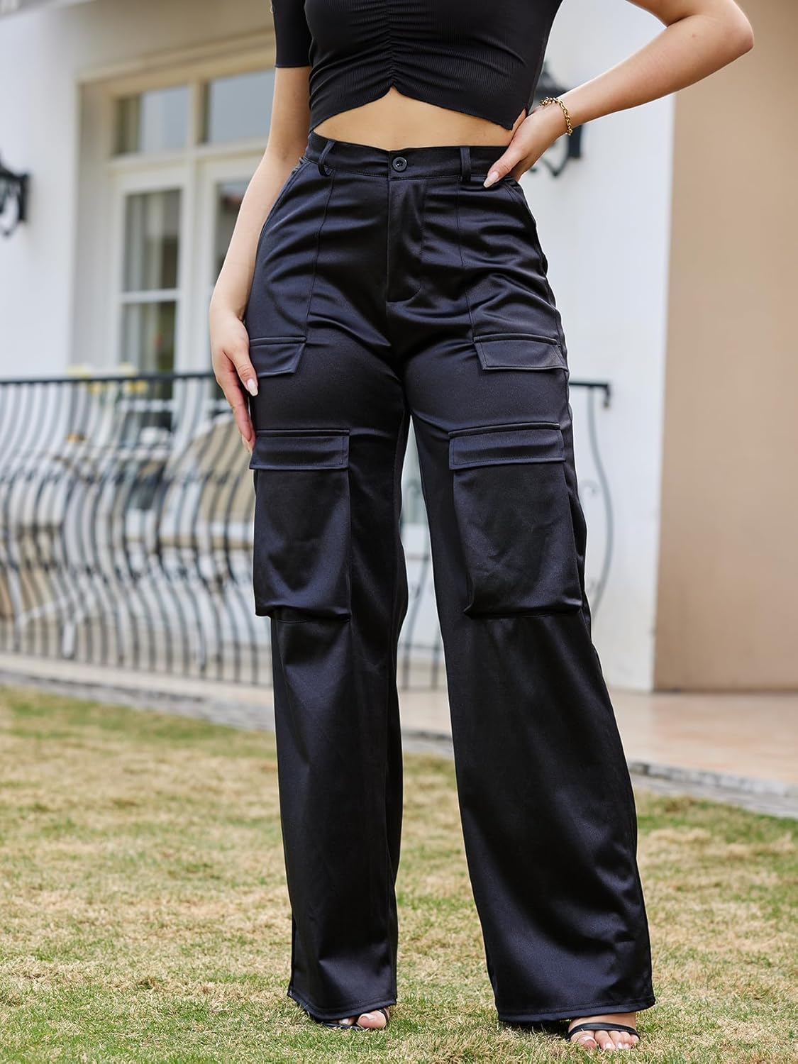 Satin Cargo Pants for Women High Waisted Wide Leg Silky Dressy Club Outfits with Pockets Casual Streetwear