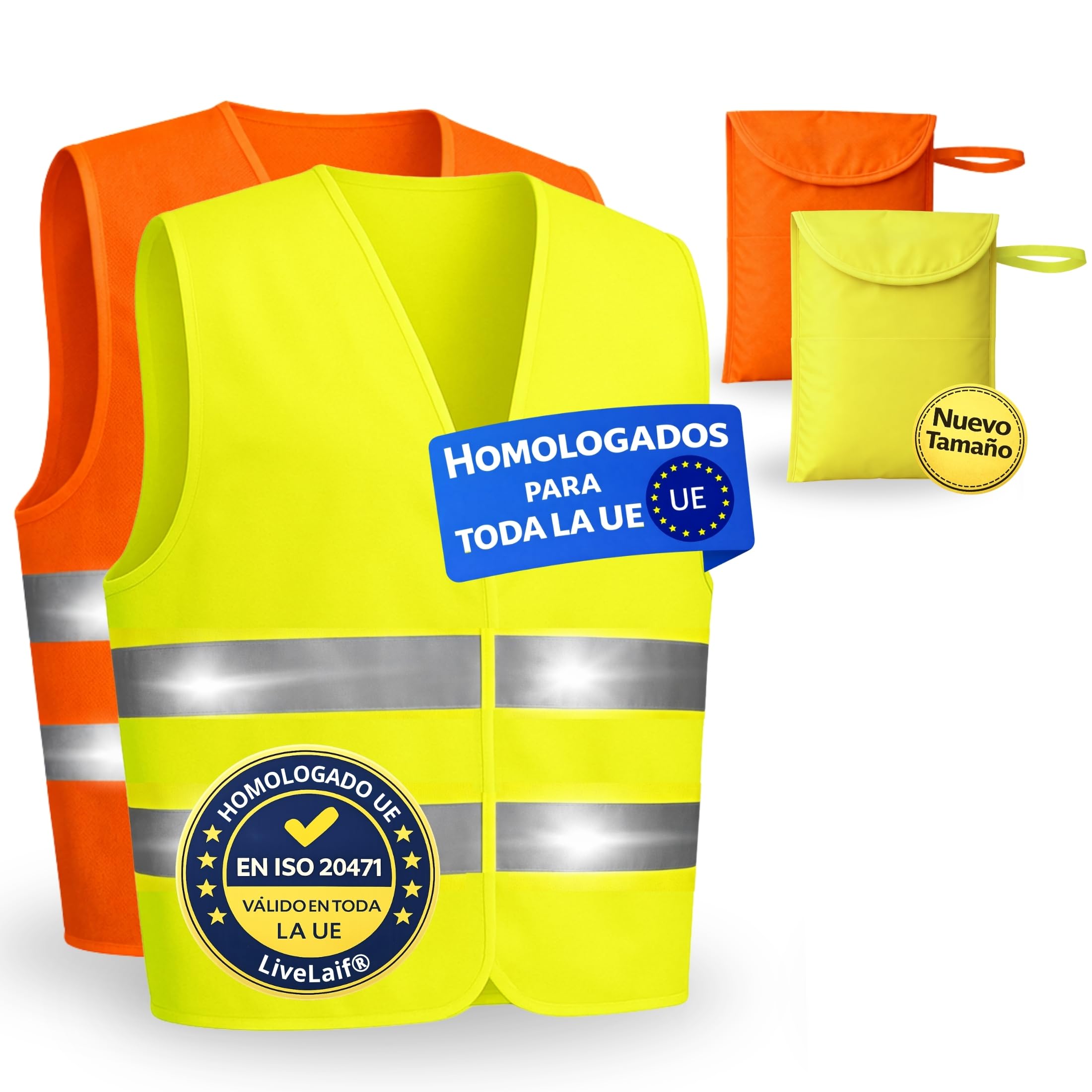 LiveLaif Pack 2 Chaleco Reflectante Homologado DGT ISO 20471 + 2 Fundas Grandes | Chaleco Trabajo Alta Visibilidad Amarillo | para Coche, Moto, Obra y Emergencias | Talla Única Unisex — view 11