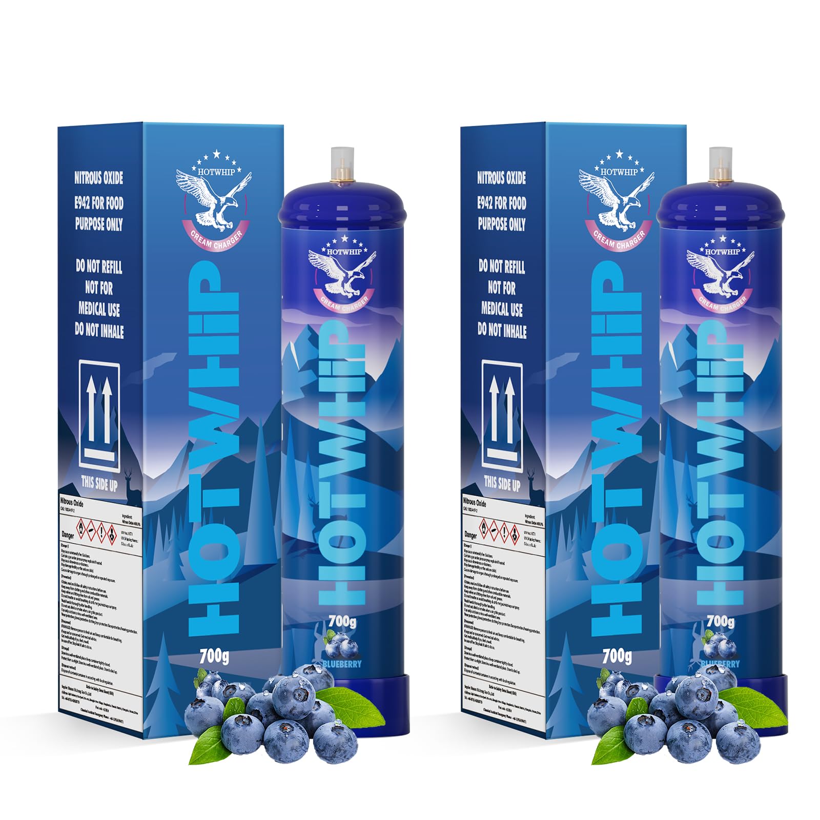 Whipped Cream Chargers 700g 1.1L Blueberry Flavor 99.99% Purity Food Grade Premium Cream Charger Nozzle Include Nitrous Oxide Tank(2 Cylinders)