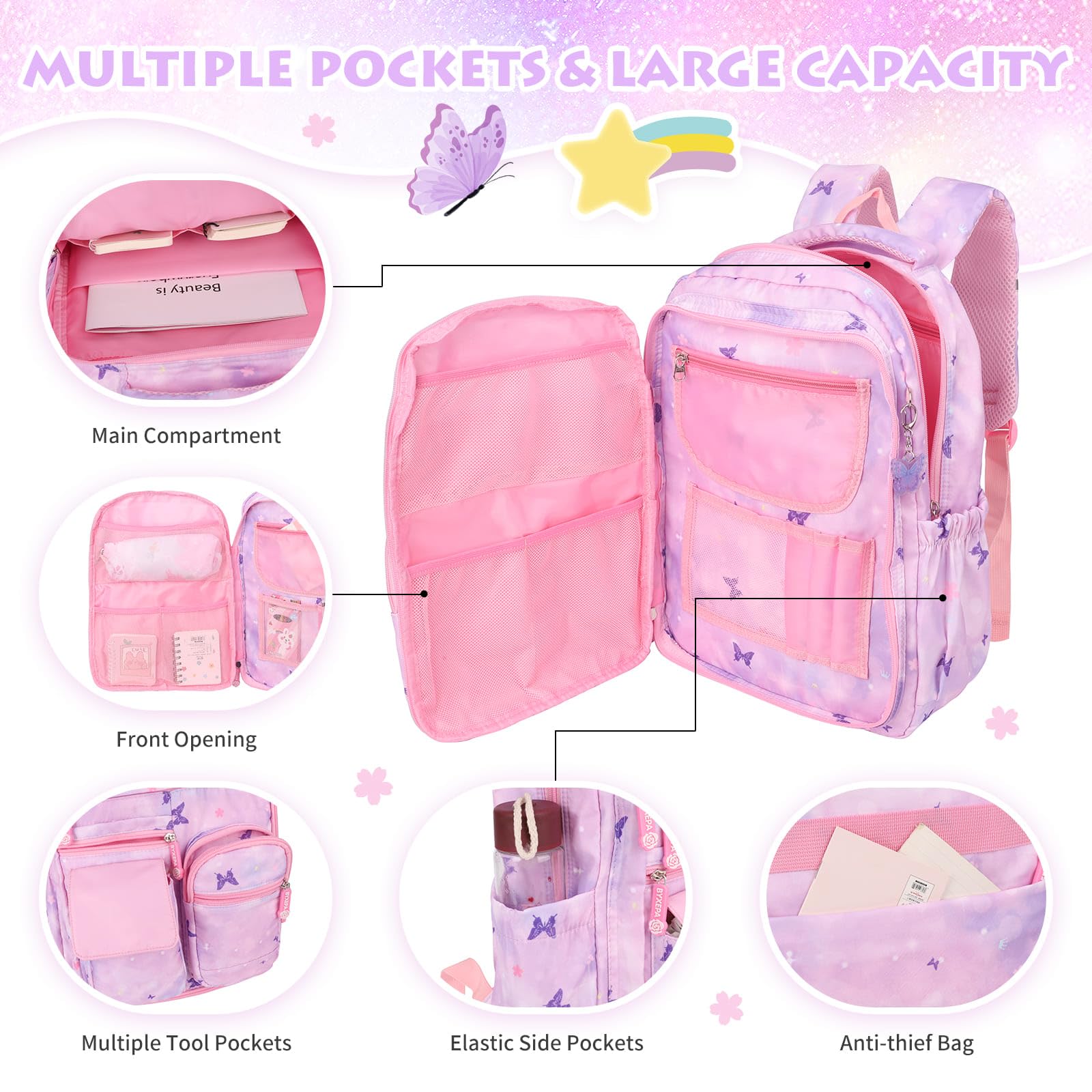 Schulrucksack Mädchen, 43x35x17cm Rucksack Mädchen, Rucksack Kinder Mädchen, Große Kapazität Schulranzen mit Brustschnalle für Kinder 5-10 Jahre Alt