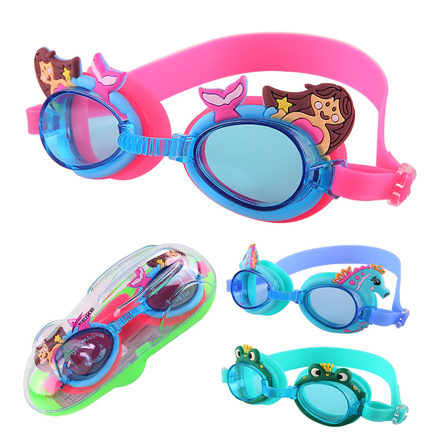 June Sports Lindas gafas de natación para niños, jóvenes, gafas de natación profesionales de triatlón con funda de protección gratuita para niños y adolescentes, múltiples estilos de dibujos animados