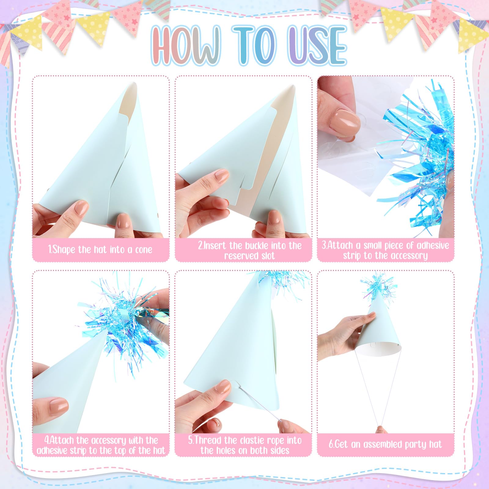 Soulchen Pastel Rainbow Birthday Party Hats Macaron DIY Paper Cone Hats with Elastic String Rainbow Party Headwear