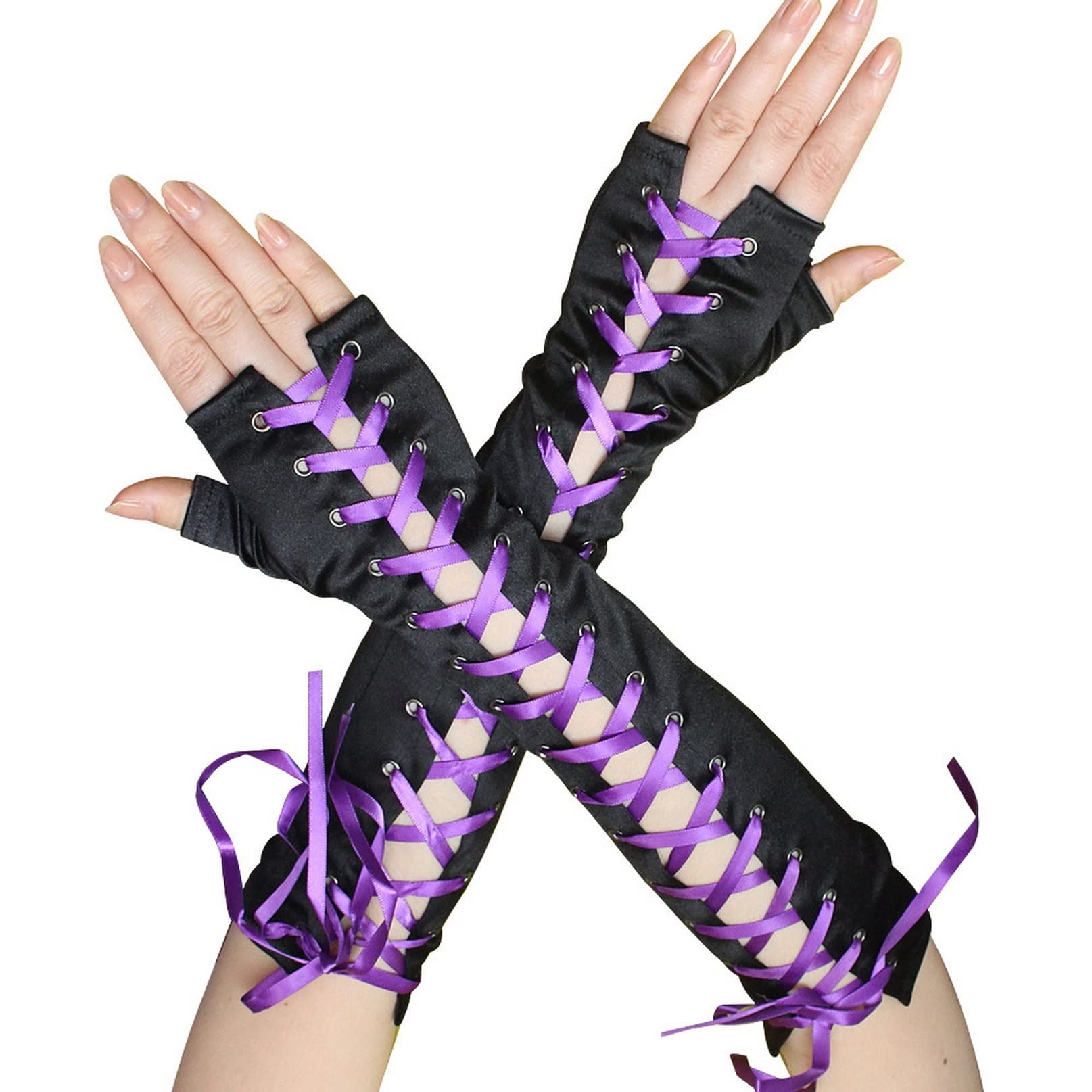 COSFAN Fingerless Lace Up Gloves,Women Steampunk Gloves,Elbow Length Satin Gloves,Black Long Opera Gloves