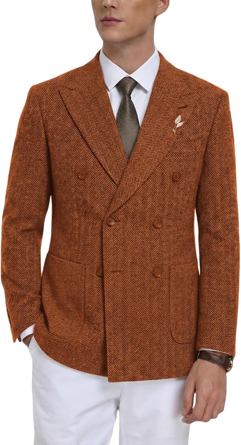 Mens Tweed Blazer Vintage Herringbone Suit Jacket for Men Double Breasted Wool Wedding Groomsmen Sport Coat with Pocket