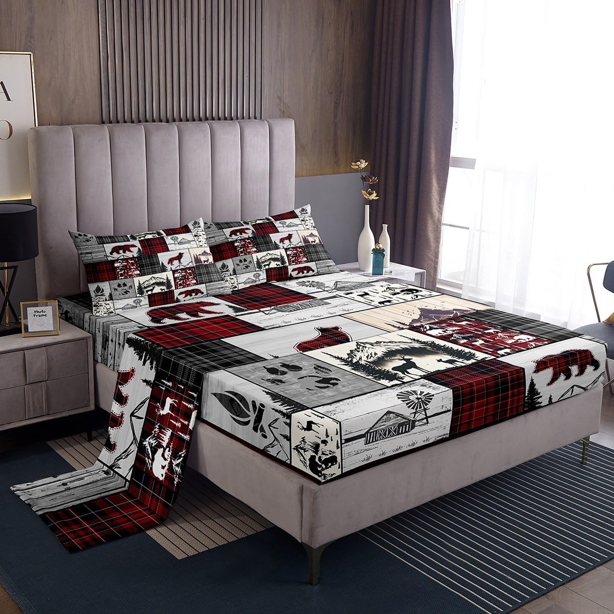 jejeloiu Rustic Farmhouse Bed Sheets Deer Antlers Sheets for Kids Boys Bear Paws Plaids Patchwork Bedding Set Pine