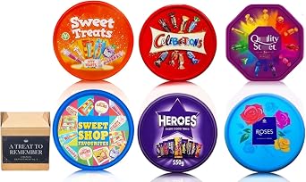Assorted Chocolate Tubs Bundle (6 Packs) – Celebrations, Roses, Heroes, Sweet Treat, Quality Street & Sweet Shop Favourites – Christmas Sharing Tub Gift Set