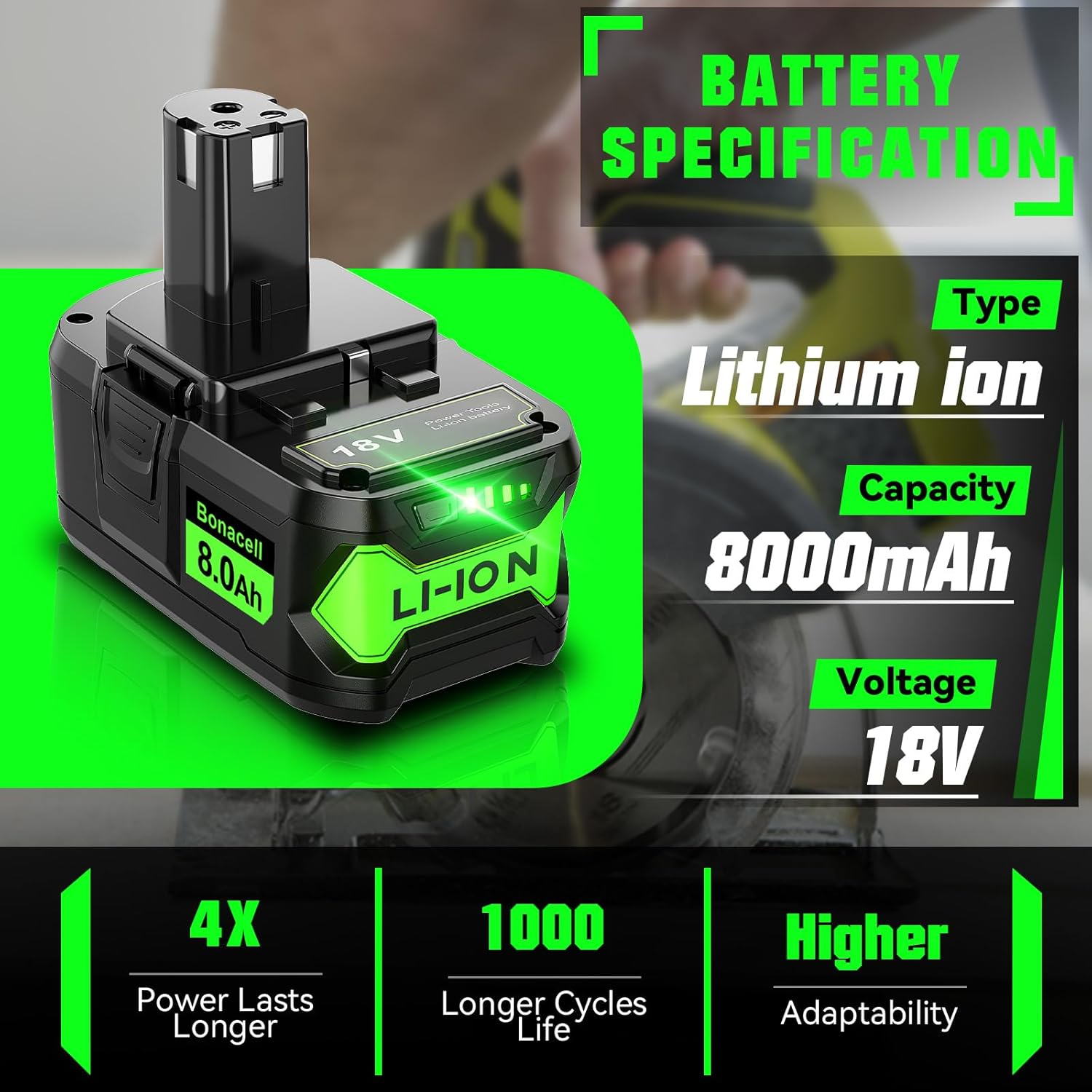 Bonacell 2Pack Upgraded 8.0Ah Replacement for Ryobi 18V ONE+ Battery Replacement PBP005 PBP004 PBP003 PBP002 P108 P102 P103 P104 P105 P107 P109 P122 - Image 2