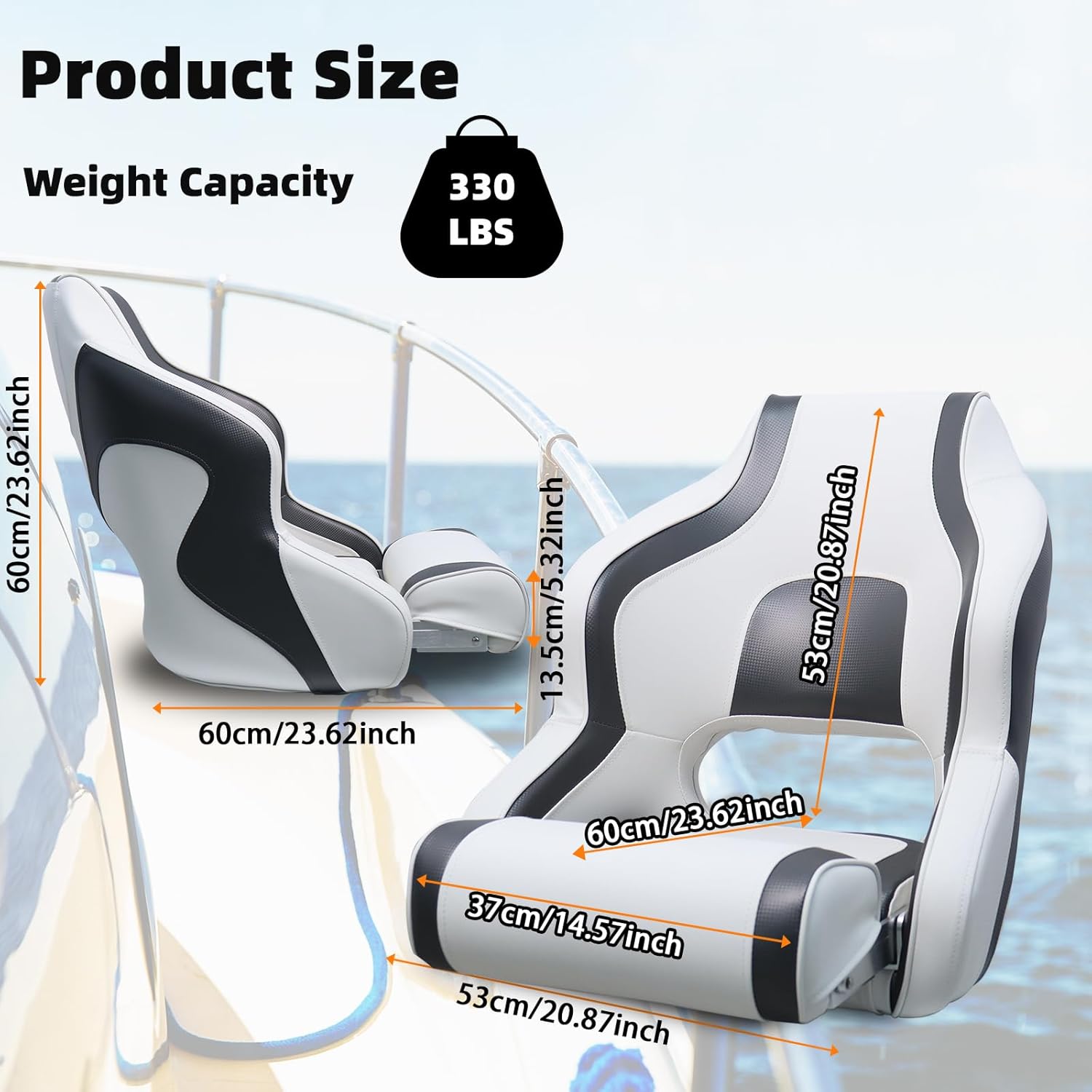 Boat Seat High Back Deluxe Premium Sports Flip Up Captain Bucket Seat Boat Chair with Armrests and Bolster, White/Black
