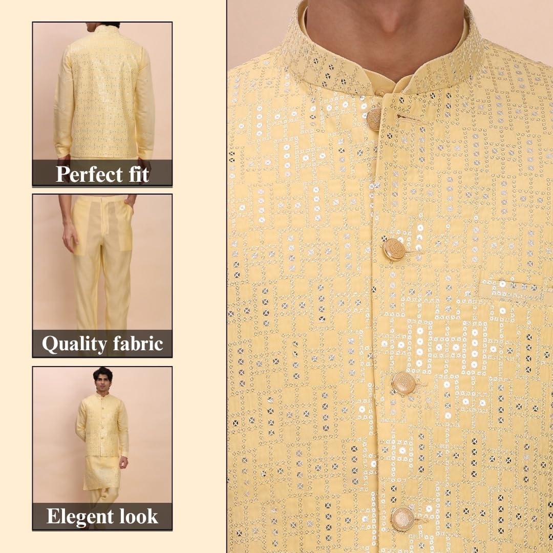 Pro-Ethic Style Developer Men's Cuffed Sleeves Cotton Kurta and Trouser Set with Embroidered Waistcoat (Nehru Jacket) (C-121) image 3