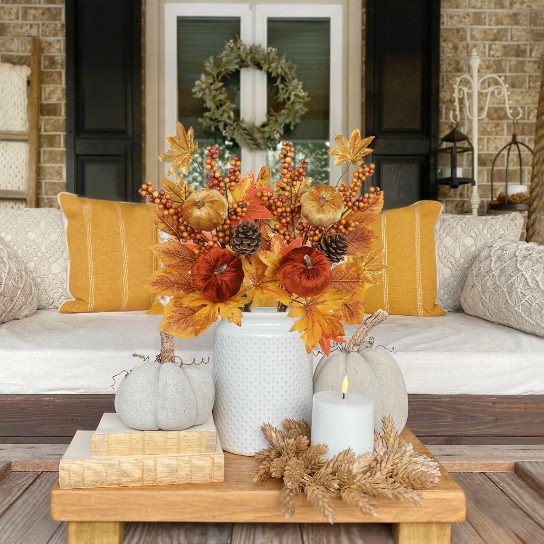 Briful 2Pack 16in Fall Picks and Sprays with Velvet Pumpkins Pinecones Berries Maple Leaves Artificial Fall Floral Branches Stems for Vases Autumn Table Centerpieces Seasonal Home Decor - Image 6
