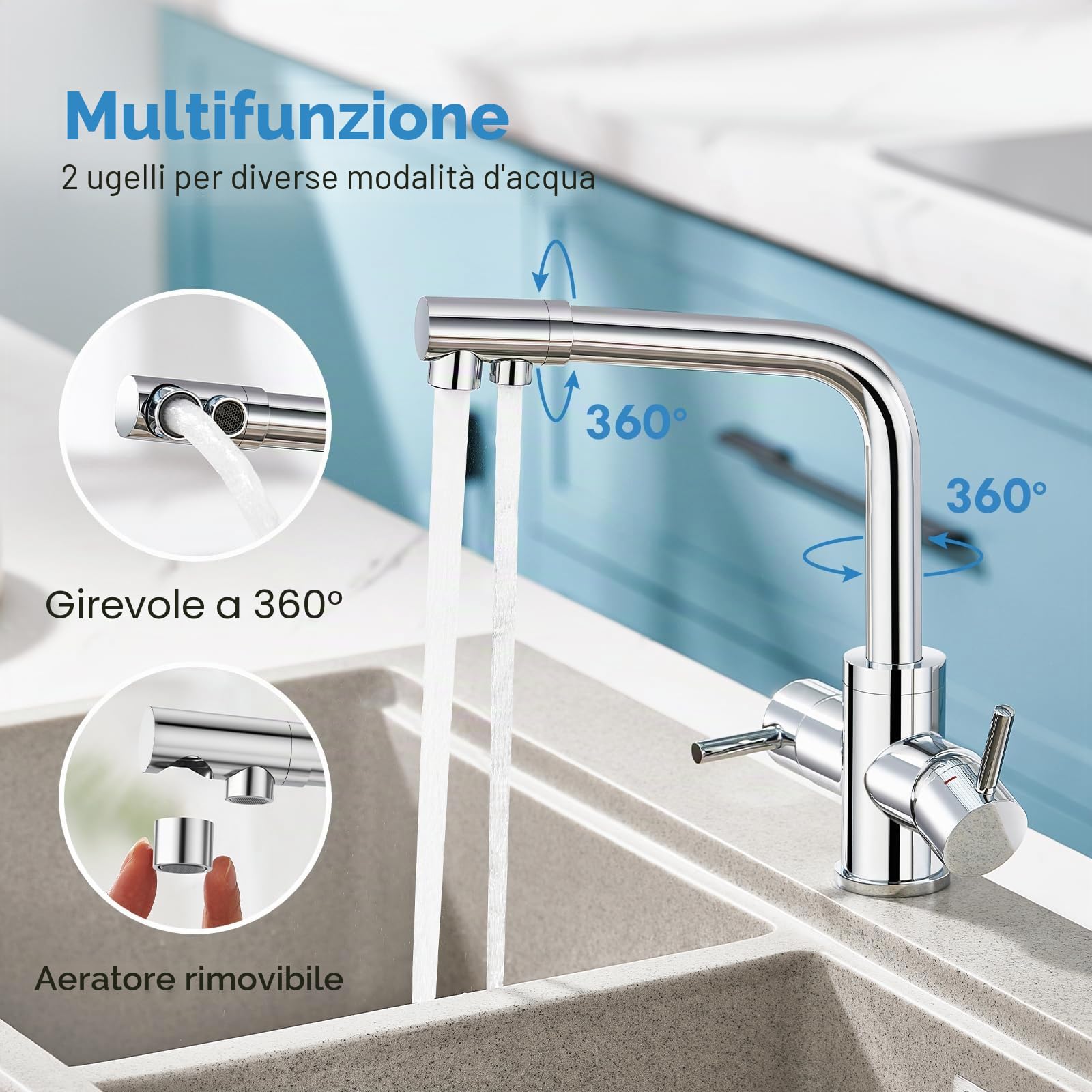 Rubinetto per Lavello da Cucina a 4 vie a Doppia Leva Miscelatore con Acqua Potabile e Soda per Filtro acqua e Gorgogliatore, cromato lucido