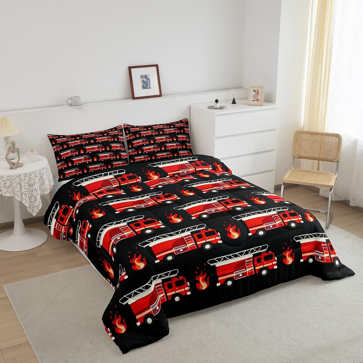 Feelyou Fire Truck Comforter Toddler Size, Truck Comforter Set Printed Comforter, Down Alternative Soft and Lightweight All Seasons