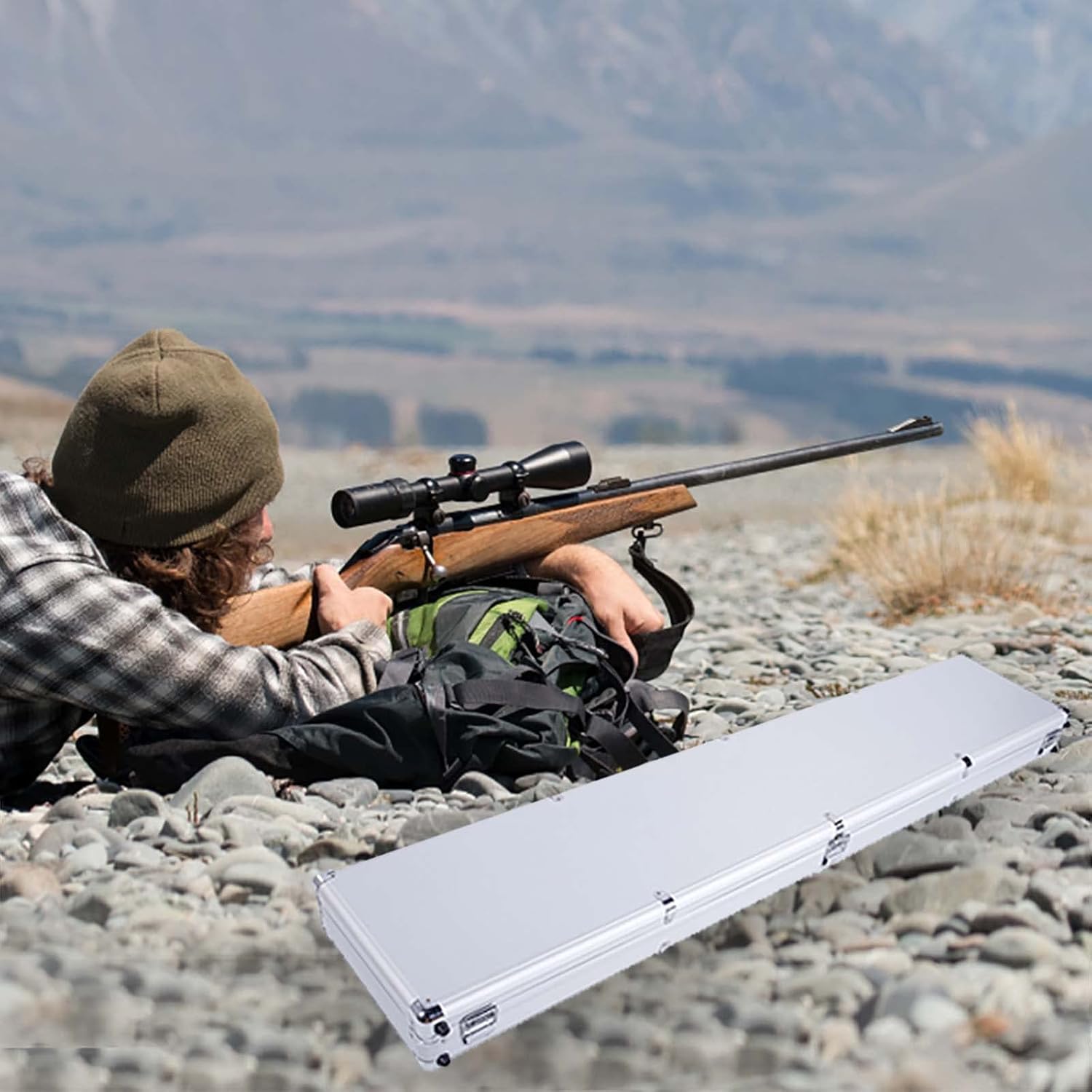 HomVent Portable Rifle Gun Hard Case, Tactical Gun Cases For Pistols Rifles, Locking Long Gun Shotgun Storage Box Pistol Handgun Lock Box, Aluminum Case With Foam (Silver)