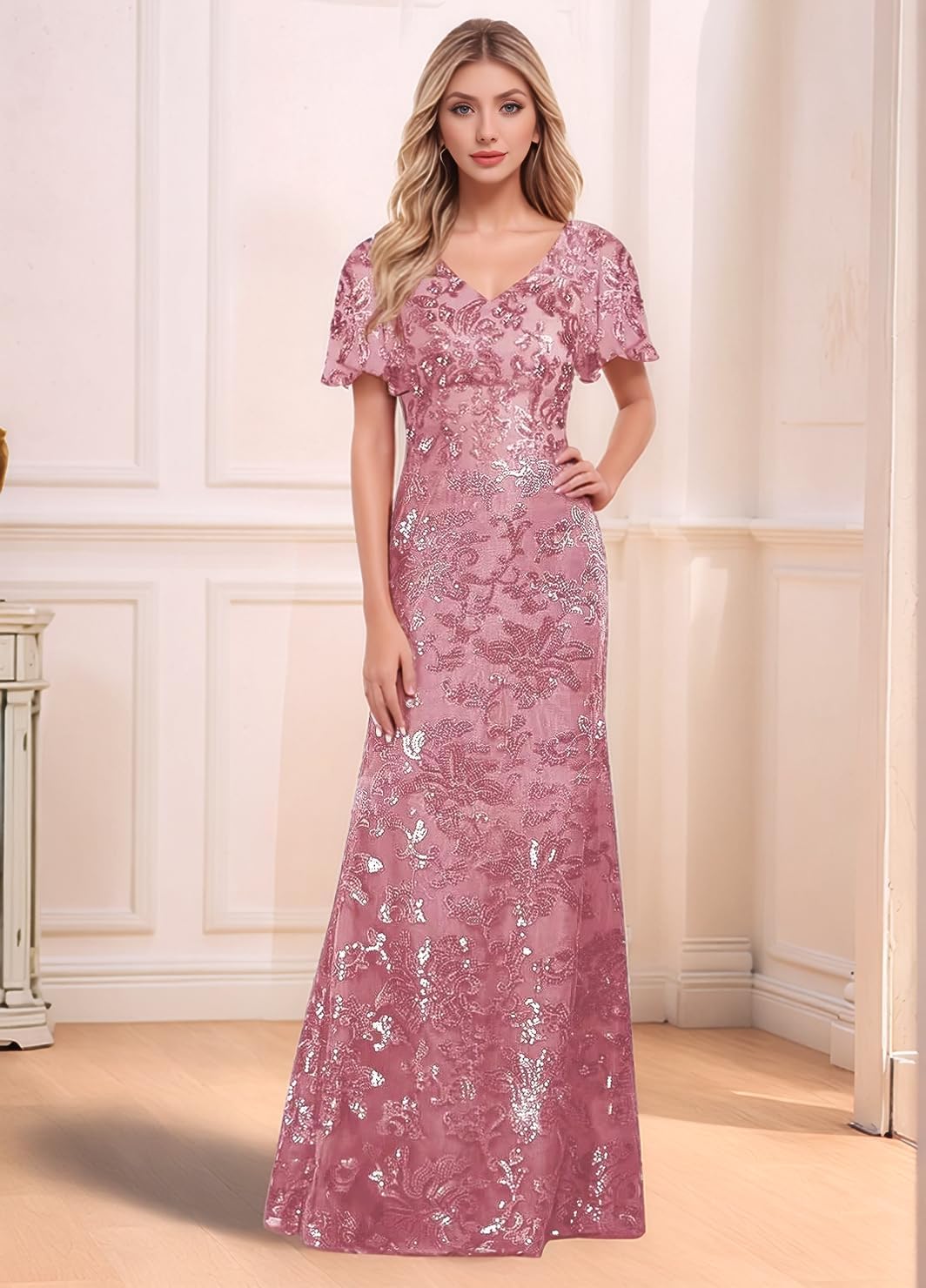 Sparkly Sequin Mother of The Bride Dresses Women's Flutter Sleeves V-Neck Long Formal Evening Party Dress
