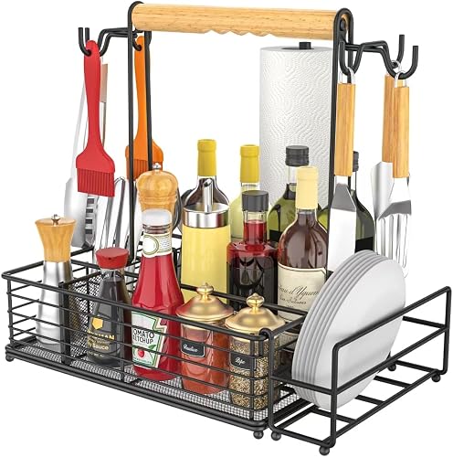 Toncoke Large Grill Caddy with Paper Towel Holder, Side Hooks, Utensil Holder, Wooden Handle Storage BBQ Tools for Picnic RV Patio Camping Tailgate Essential Kitchen Barbecue Condiment Organizer